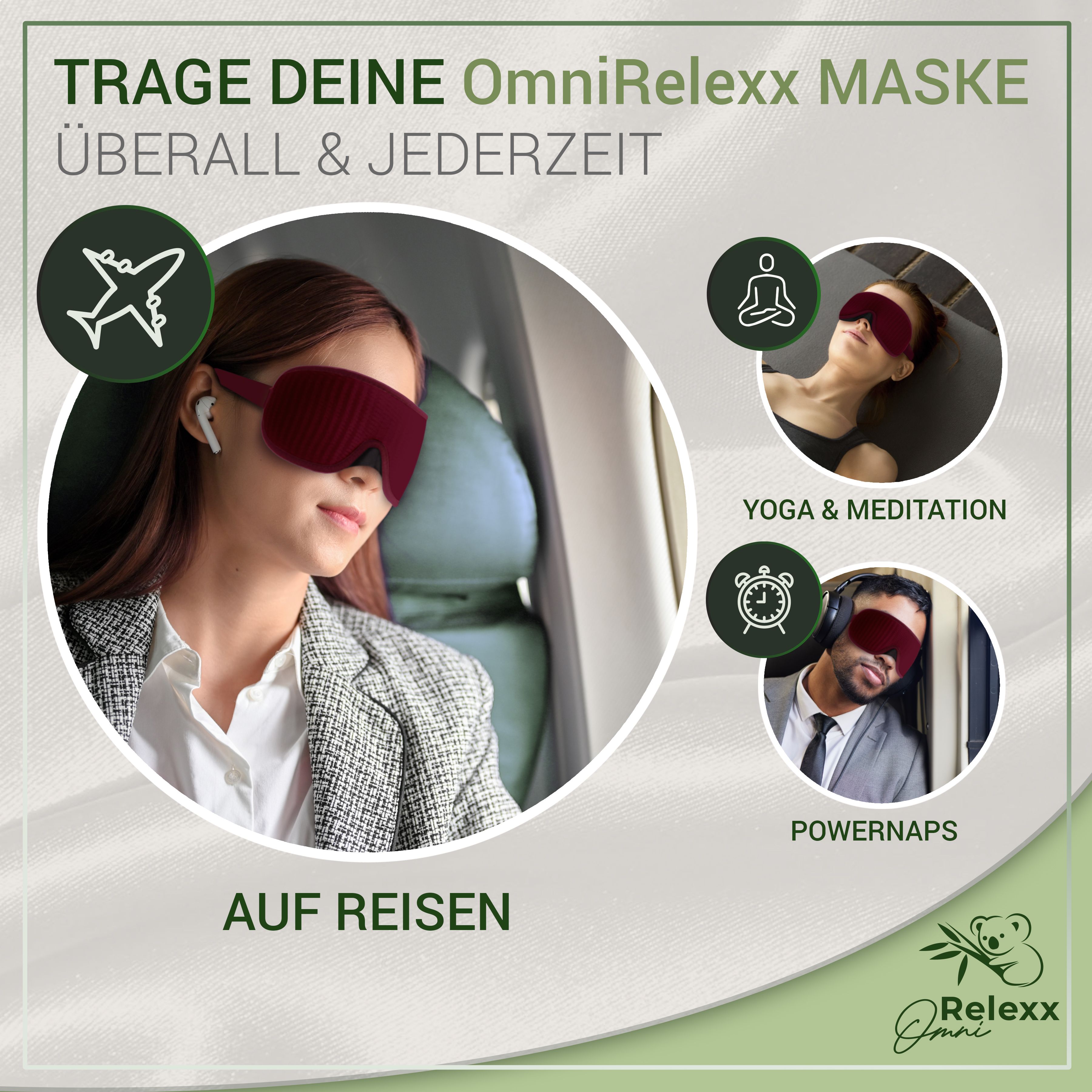 Personen mit Schlafmaske in verschiedenen Situationen: Flugzeug, Yoga, Powernaps. Produktname: OmniRelexx.