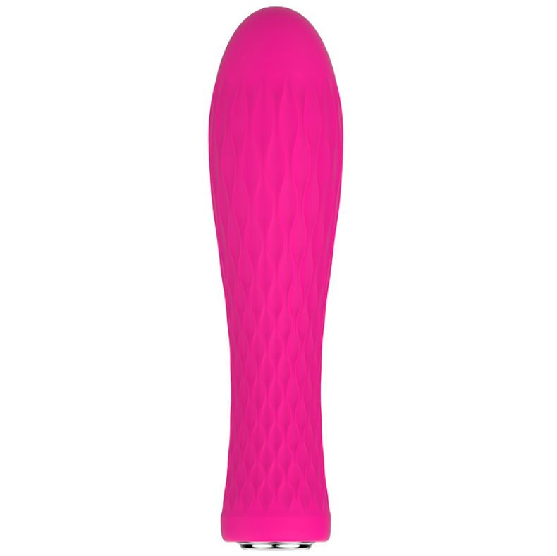 Pinkfarbener Vibrator mit geriffelter Oberfläche. Silberfarbener Endteil.