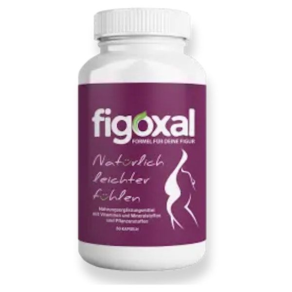 Weißes Pillenbehälter mit lila Etikett. Aufschrift: figoxal, Natürlicher leichter fühlen. Enthält Vitamine und Mineralstoffe. 60 Kapseln.