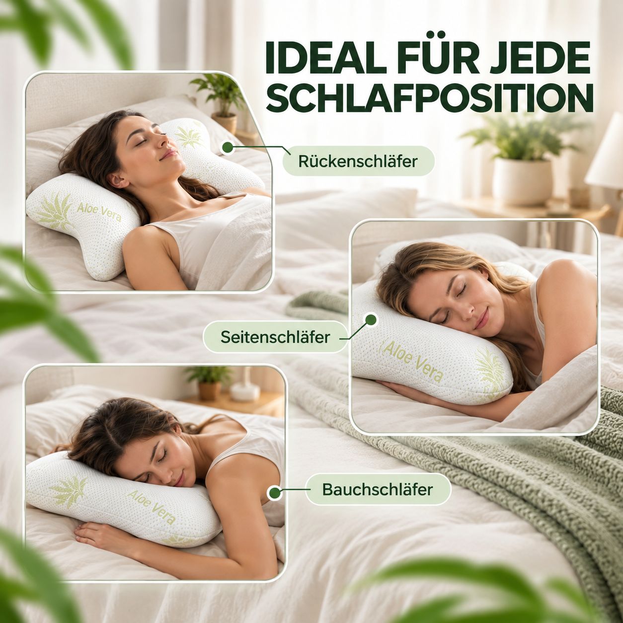 Frau schläft auf einem ergonomischen Kissen in Seitenlage.