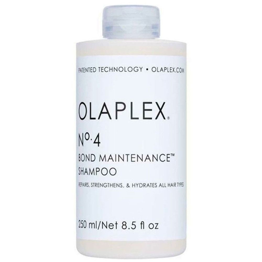 Flasche OLAPLEX No. 4 Bond Maintenance Shampoo. 250 ml/8.5 fl oz. Text: REPAIRS, STRENGTHENS & HYDRATES ALL HAIR TYPES.