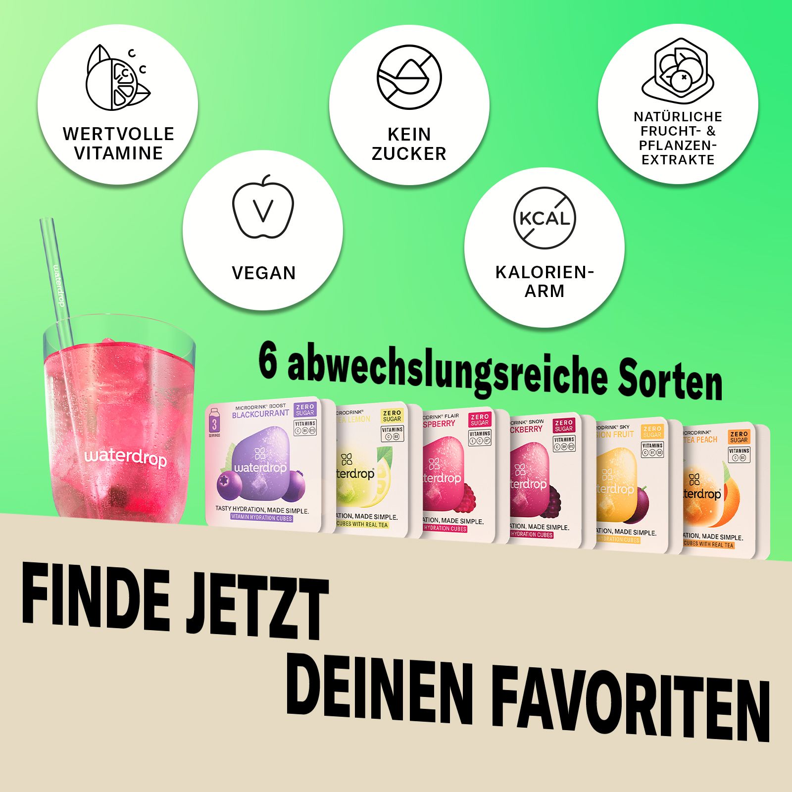 waterdrop® Starter Set Glass – 600ml Glasflasche + 18 Würfel – Vitamine, vegan, zuckerfrei