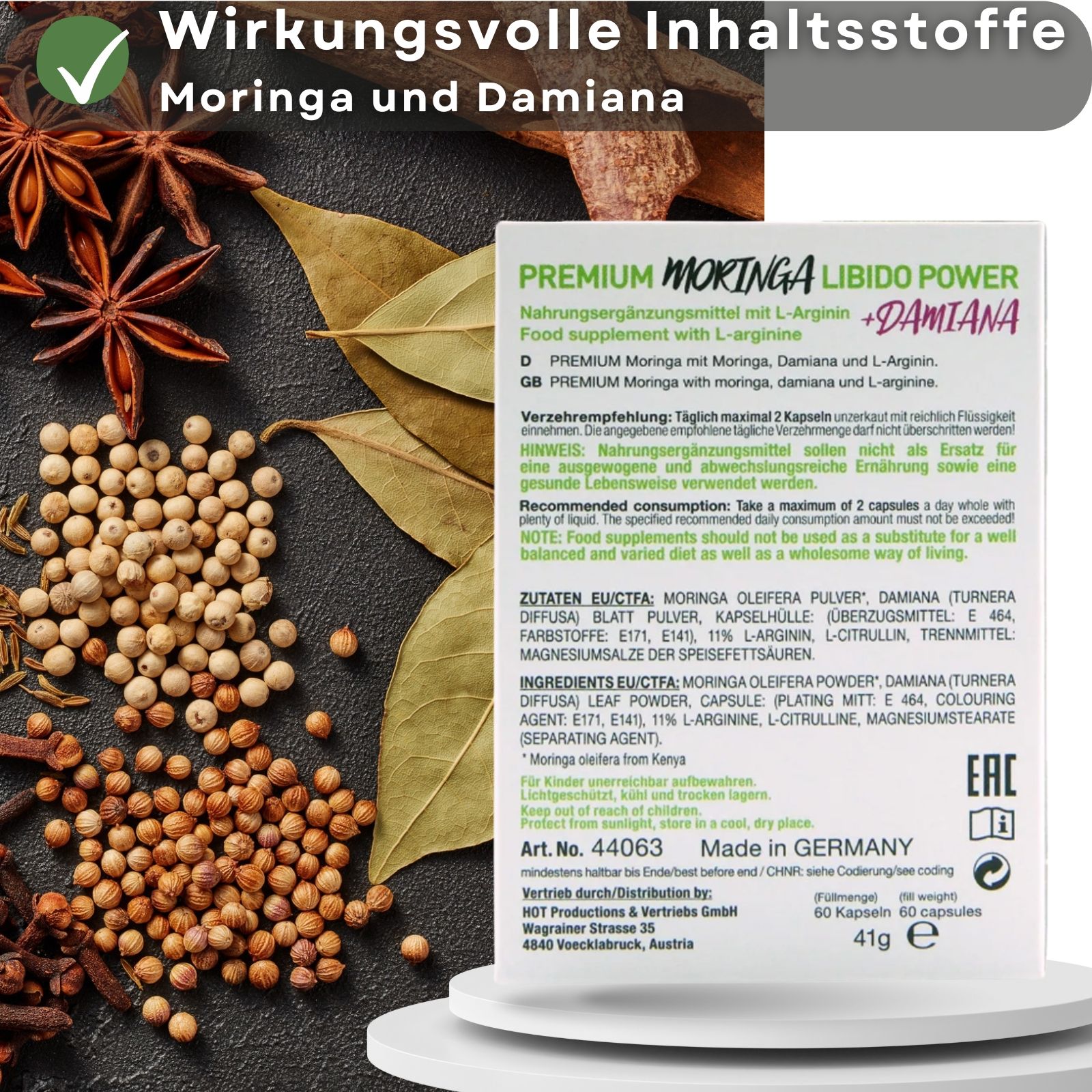 Rückseite der Schachtel mit Informationen zu Moringa Libido Power. Text in mehreren Sprachen. Zutaten und Inhaltsstoffe.