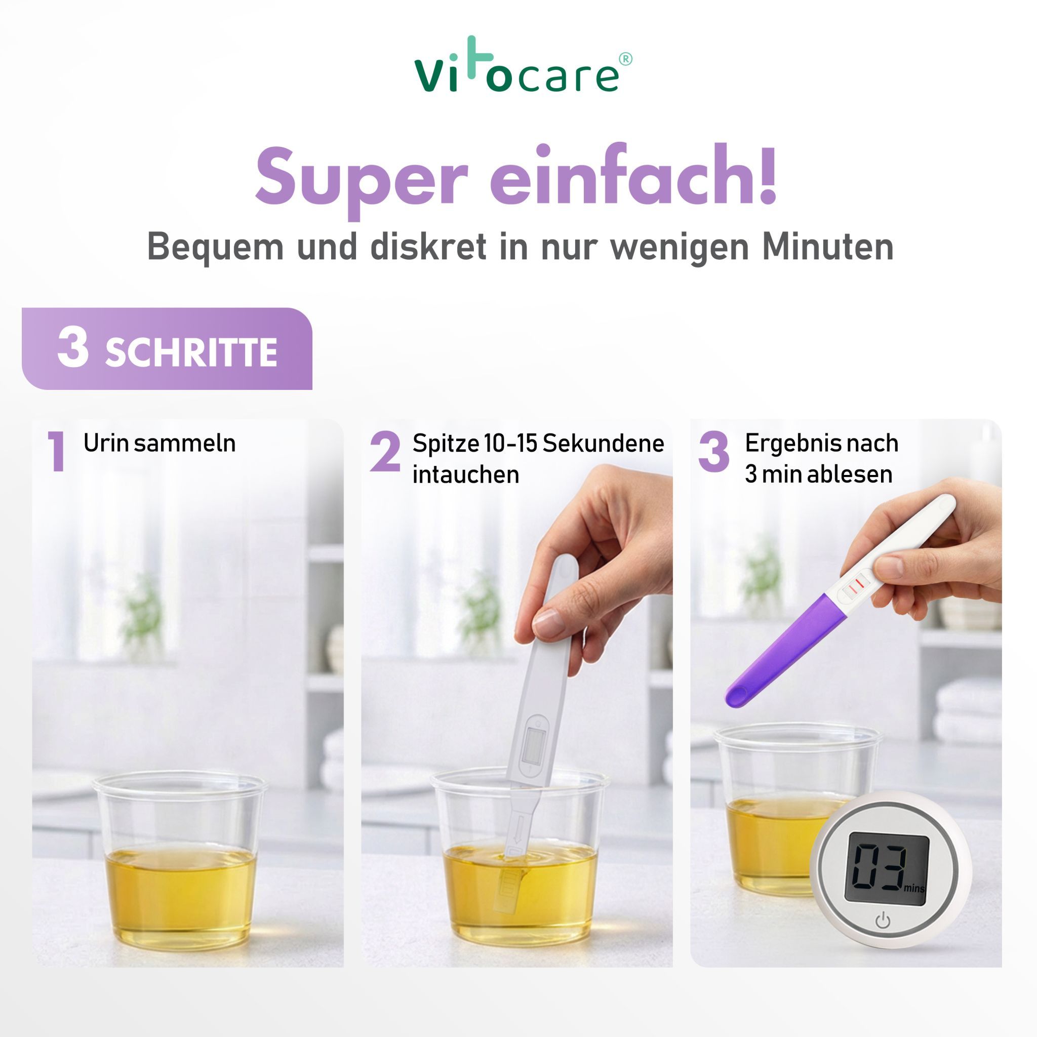 Person hält einen Schwangerschaftstest in einer Flüssigkeit. 3 Schritte: Urin sammeln, eintauchen, Ergebnis ablesen. Digitaler Timer.