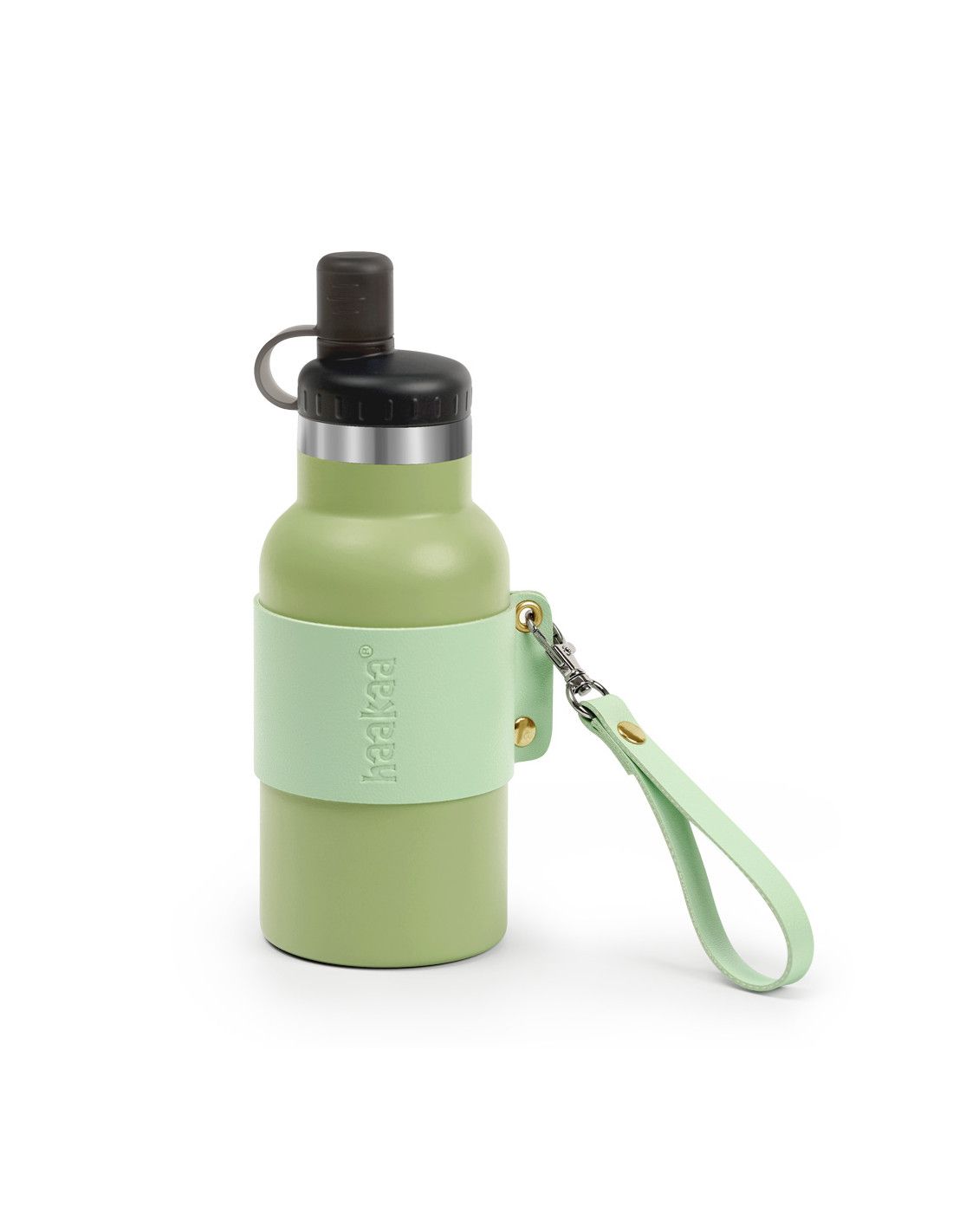 Grüne Thermoflasche mit hellgrüner Manschette und Trageschlaufe. Marke: Haakaa. Freigestellt.