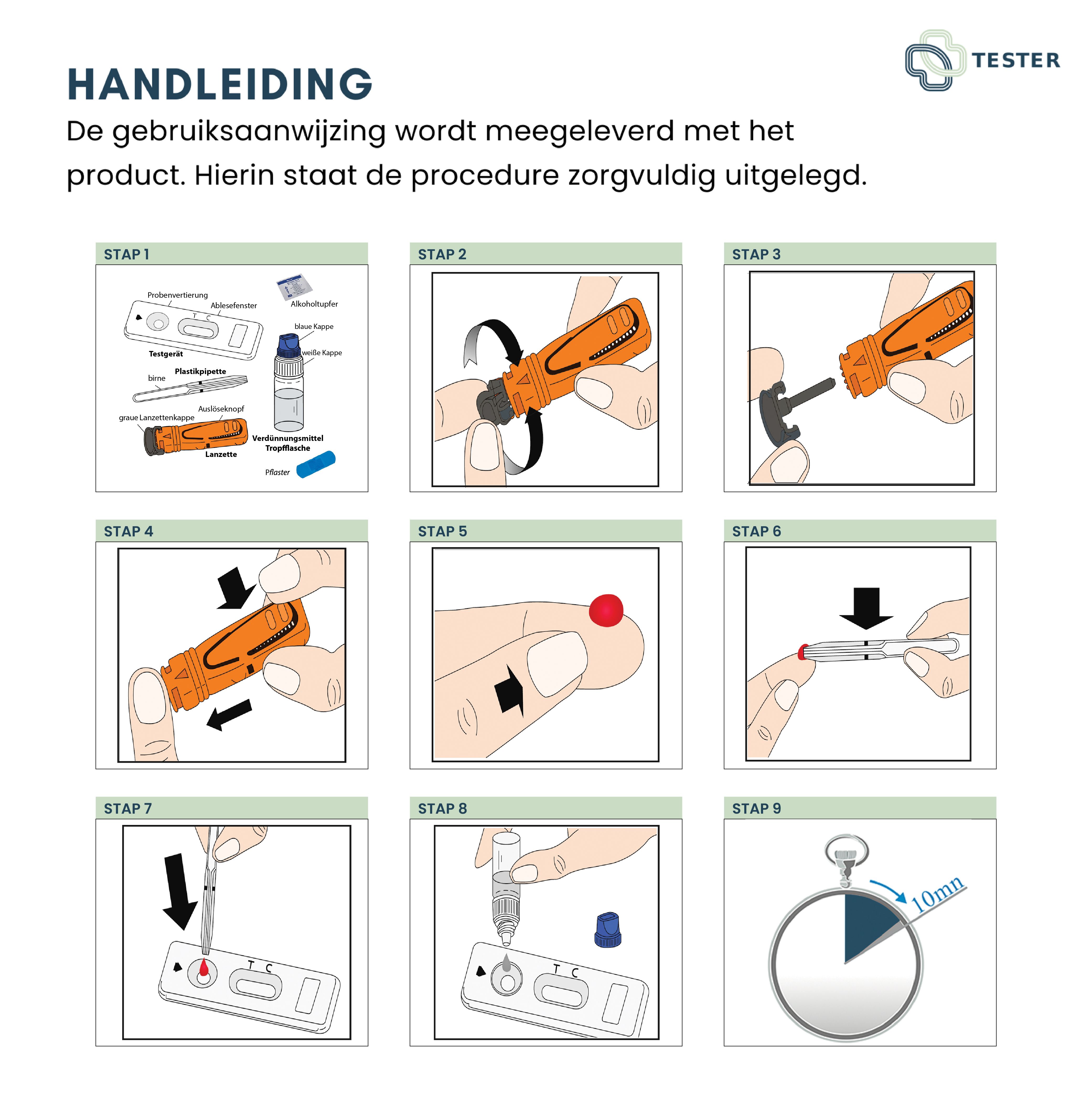 Anleitung mit 9 Schritten zur Durchführung eines Tetanus-Tests. Illustrationen zeigen die Testkomponenten und den Ablauf.