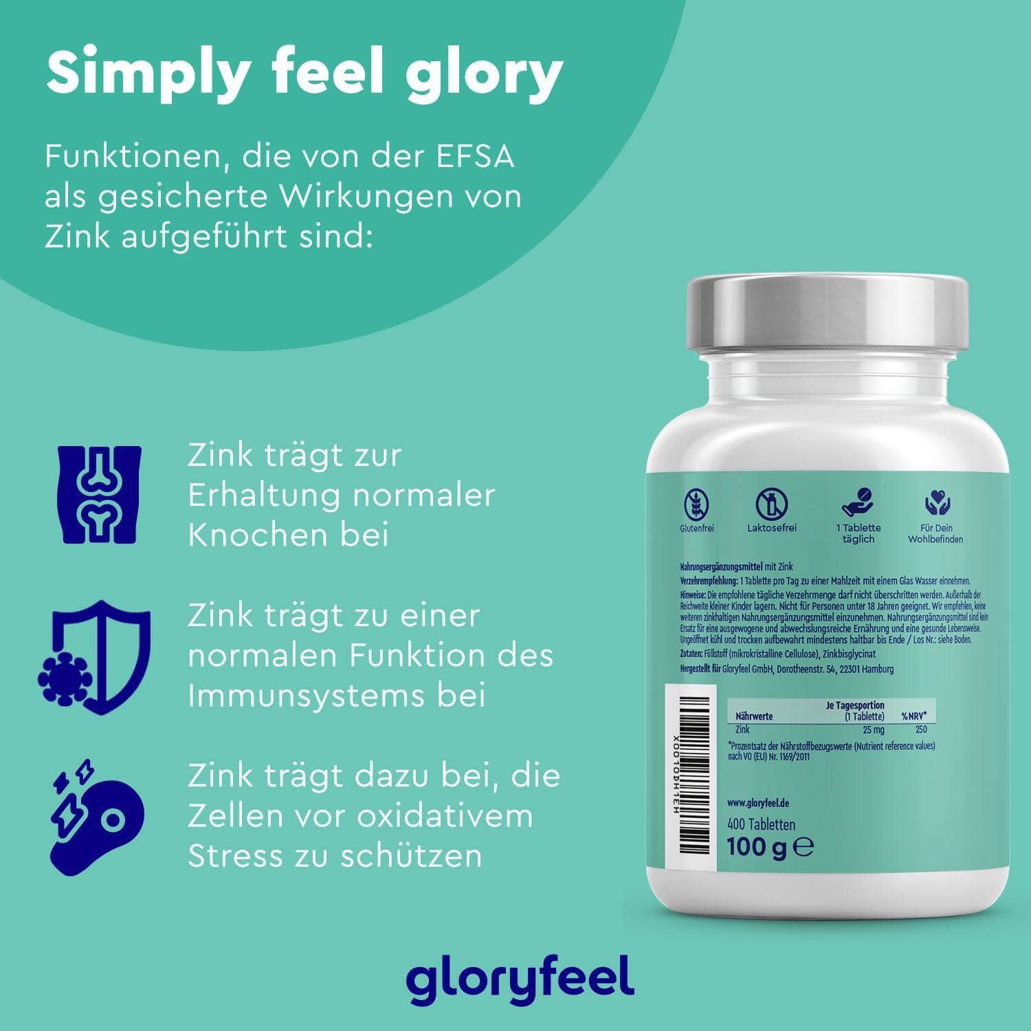 Flasche mit grünem Etikett. Text: Zink trägt zur Erhaltung normaler Knochen bei. 100g. gloryfeel Logo.