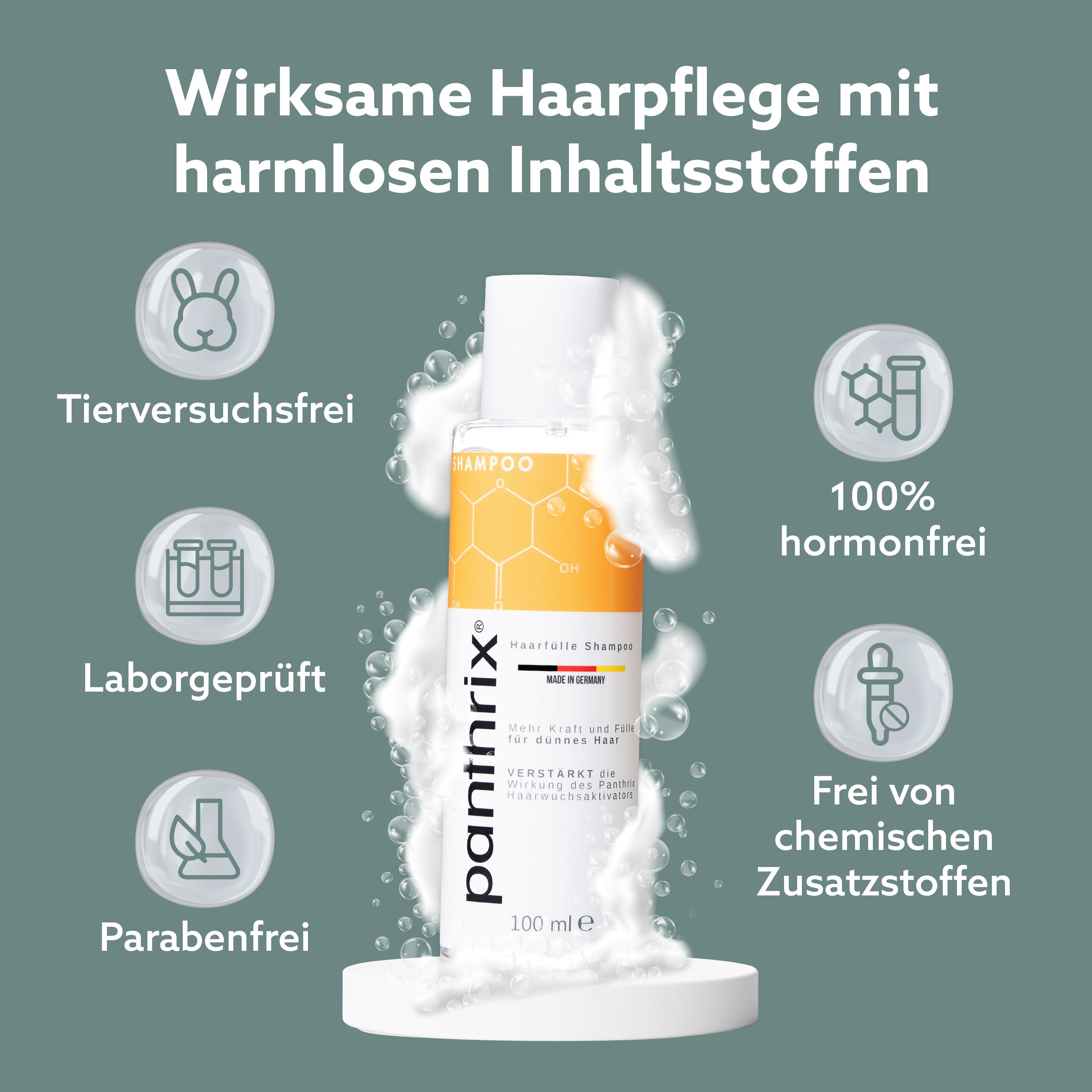 Flacon de shampooing avec texte : Soin capillaire efficace avec des ingrédients inoffensifs. Symboles : Sans cruauté, testé en laboratoire, sans parabène.