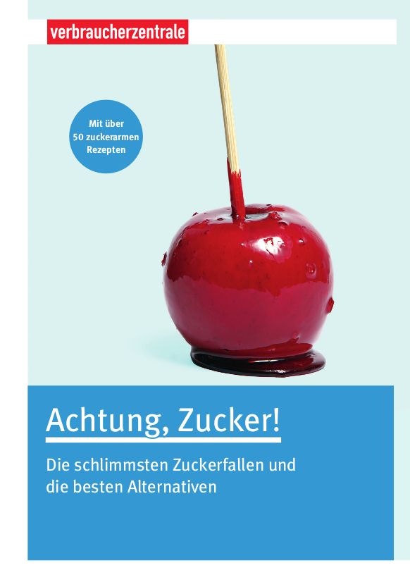 Buchcover mit rotem Apfel am Stiel. Titel: Achtung, Zucker! Untertitel: Die schlimmsten Zuckerfallen und die besten Alternativen.