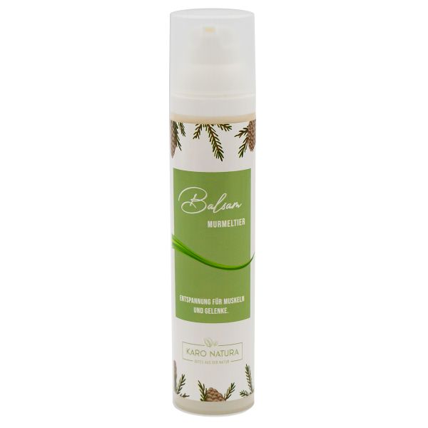 Weiß-grüne Flasche mit Balsam-Etikett. Text: Balsam Murmeltier, Karo Natura. Mit Pumpkopf.