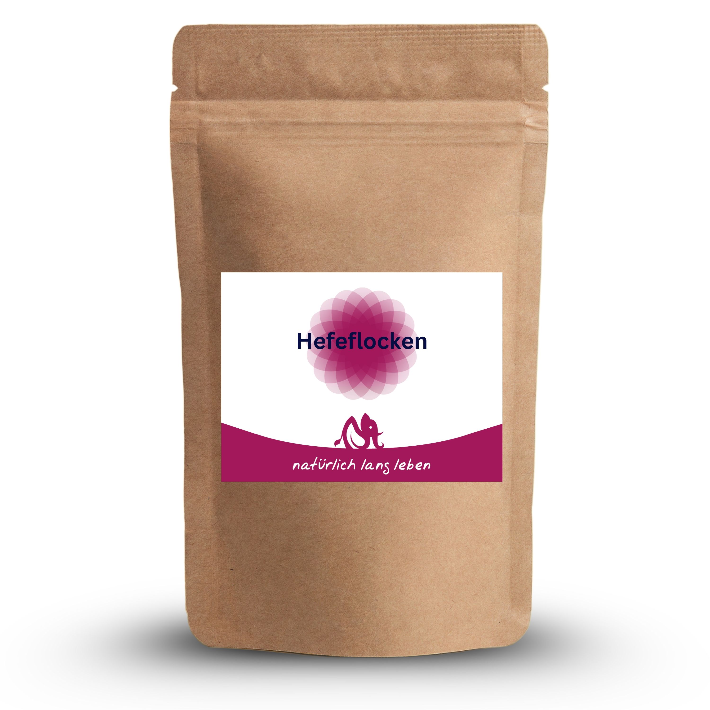 Braune Tüte mit Etikett. Aufschrift: Hefeflocken, natürlich lang leben. Logo: Elefant.