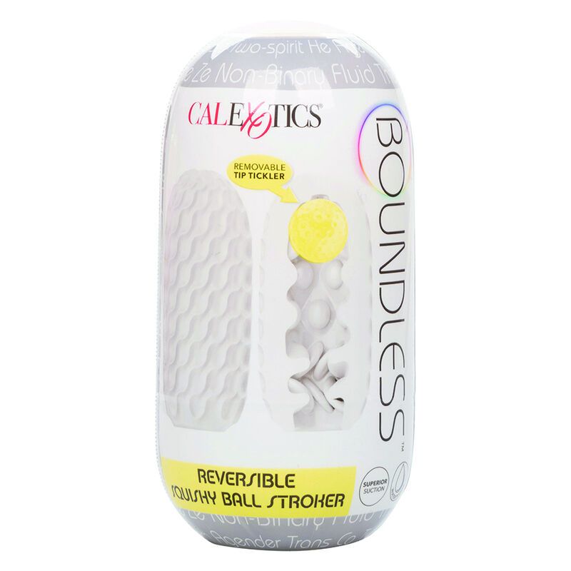Verpackung mit Produktabbildung. Text: CalExotics, Boundless, Reversible Squishy Ball Stroker.