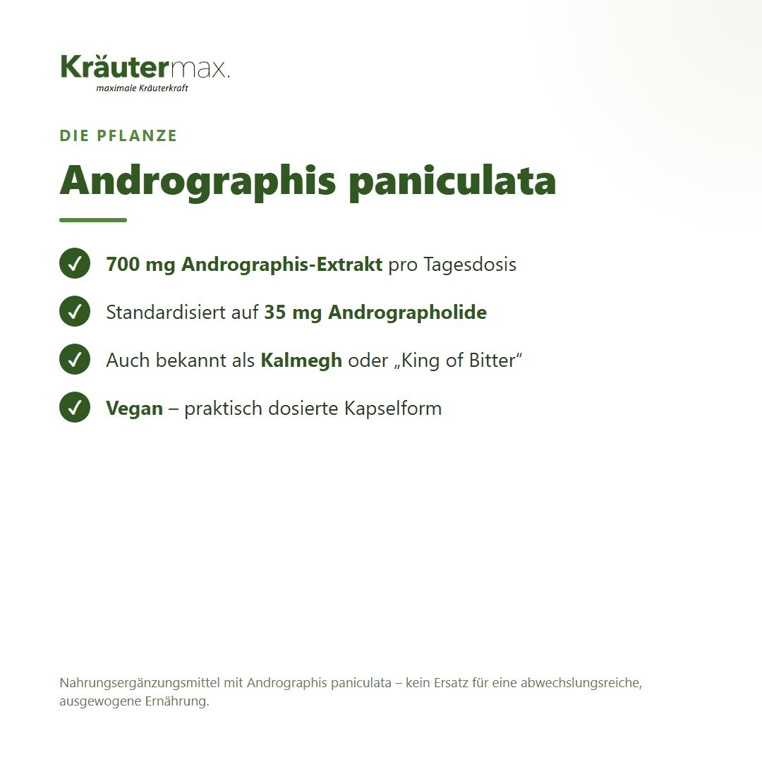 Andrographis paniculata Pflanze: 700 mg Extrakt, standardisiert, auch Kalmegdh, vegane Kapseln.
