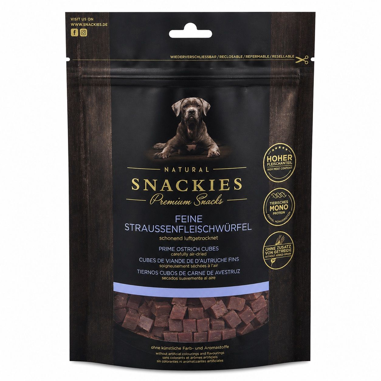 Snackies Feine Straussenfleischwürfel - Monoprotein Snack für Hunde 350 g Futter