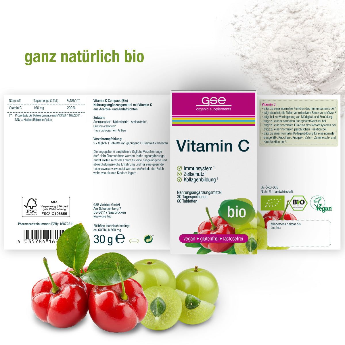 Geöffnete Verpackung mit GSE Vitamin C. Aufschrift: Vitamin C, 30 Tagesportionen, 60 Tabletten. Bio-Siegel, vegan, glutenfrei, laktosefrei. Rote Kirschen und Früchte.