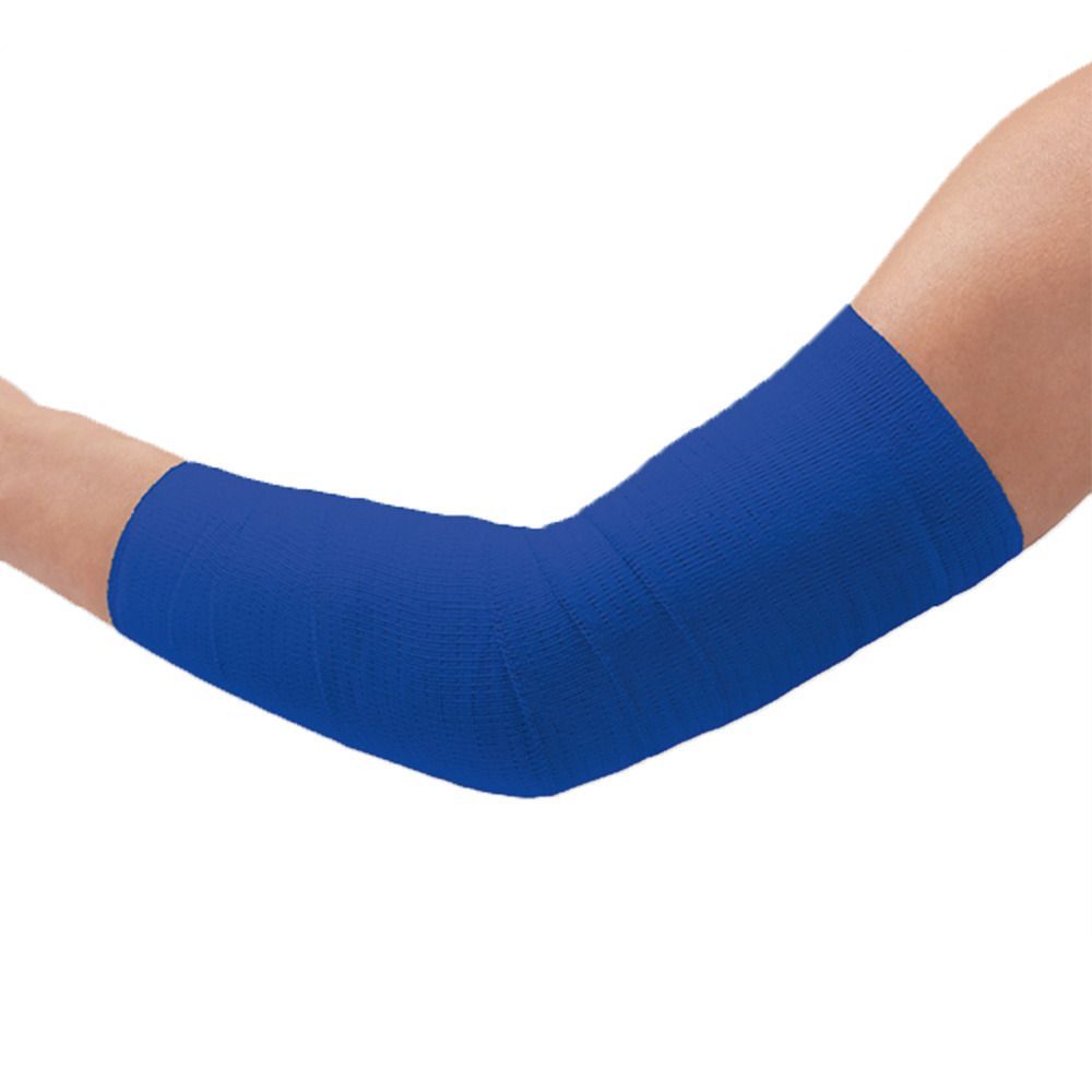 Blaues Band an einem Arm. Das Band bedeckt den Ellbogen und einen Teil des Unterarms und Oberarms.