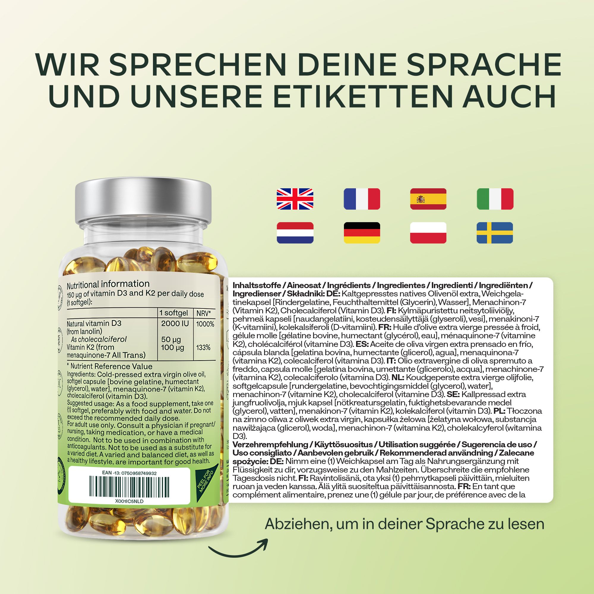 Flasche mit Kapseln und Text. Aufschrift: Wir sprechen Ihre Sprache und unsere Etiketten auch.