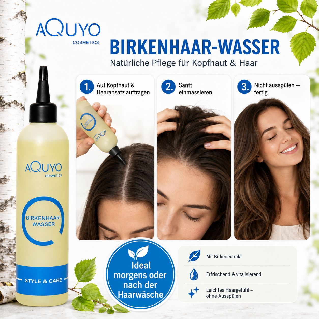 Gelbliche Flasche mit schwarzem Applikator. Aufschrift: Birkenhaarwasser. Text: Anwendungsschritte. Ideal morgens oder nach der Haarwäsche. Mit Birkenextrakt.
