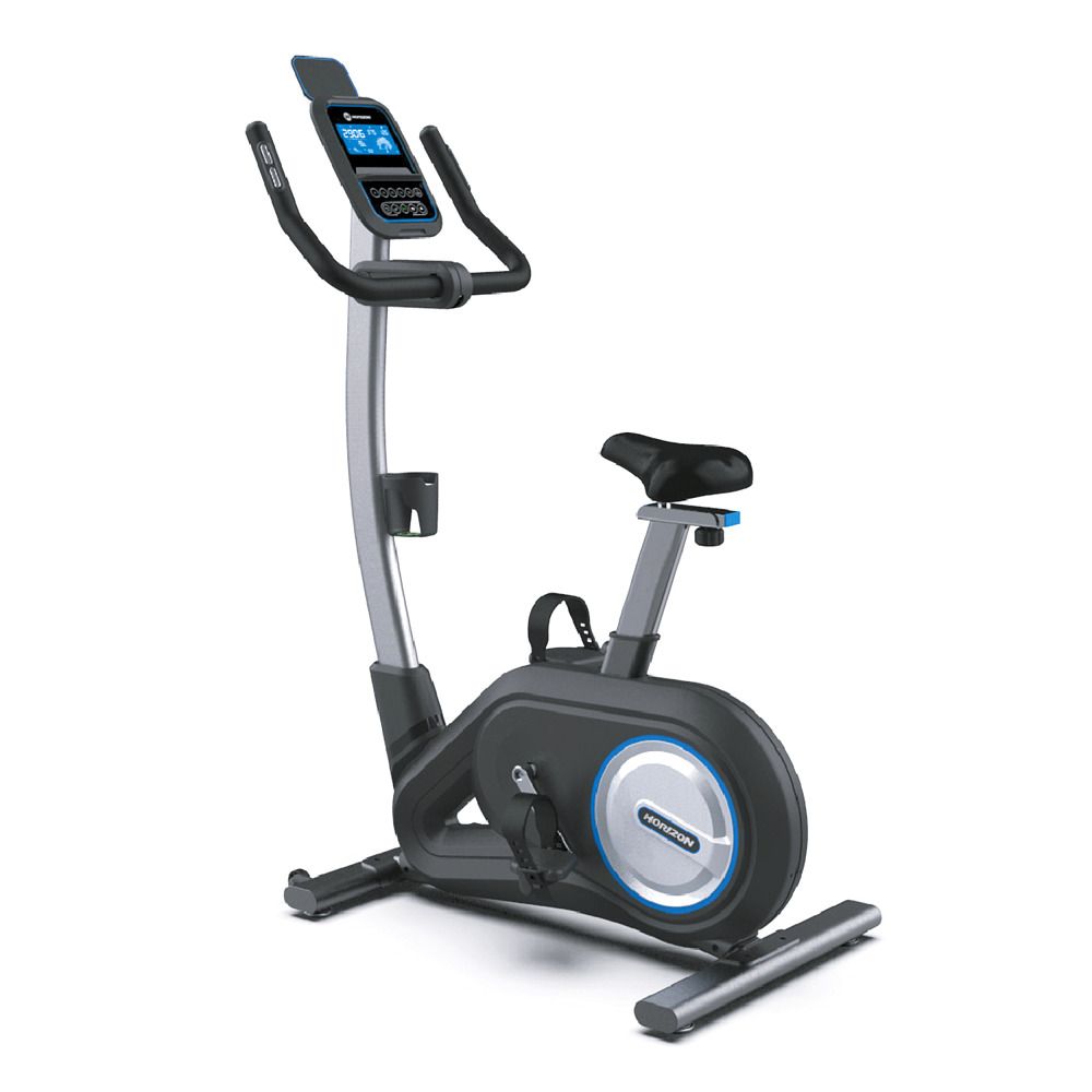 Fahrradtrainer, schwarz-silber, mit Sattel, Lenker und Display. Blaue Akzente. Horizon-Logo auf der Seite.
