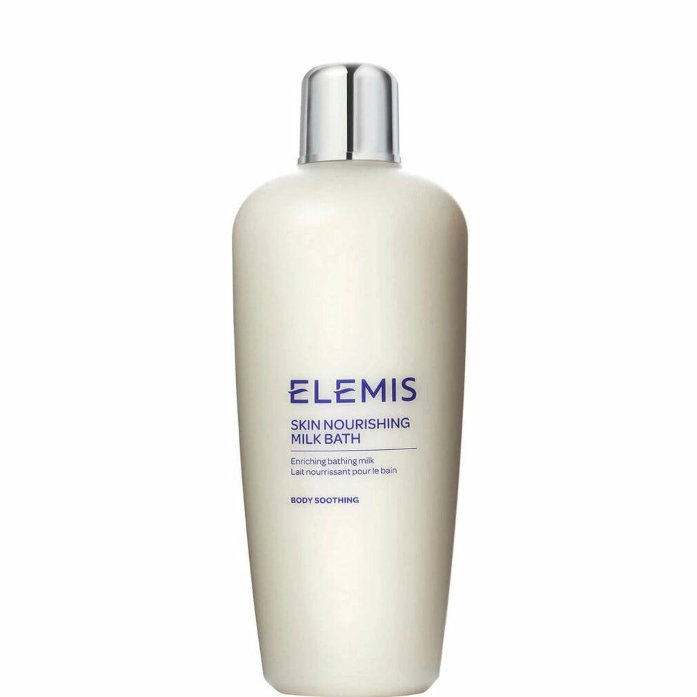 Weißliche Flasche mit silbernem Deckel. Aufschrift: Elemis Skin Nourishing Milk Bath. Text darunter.