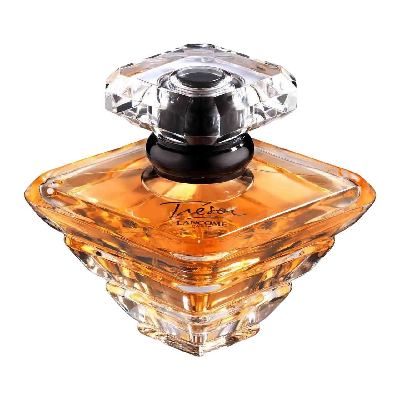 Parfümflakon, quadratisch, bernsteinfarbenes Glas, klarer Deckel. Aufschrift: Trésor, Lancôme Paris.