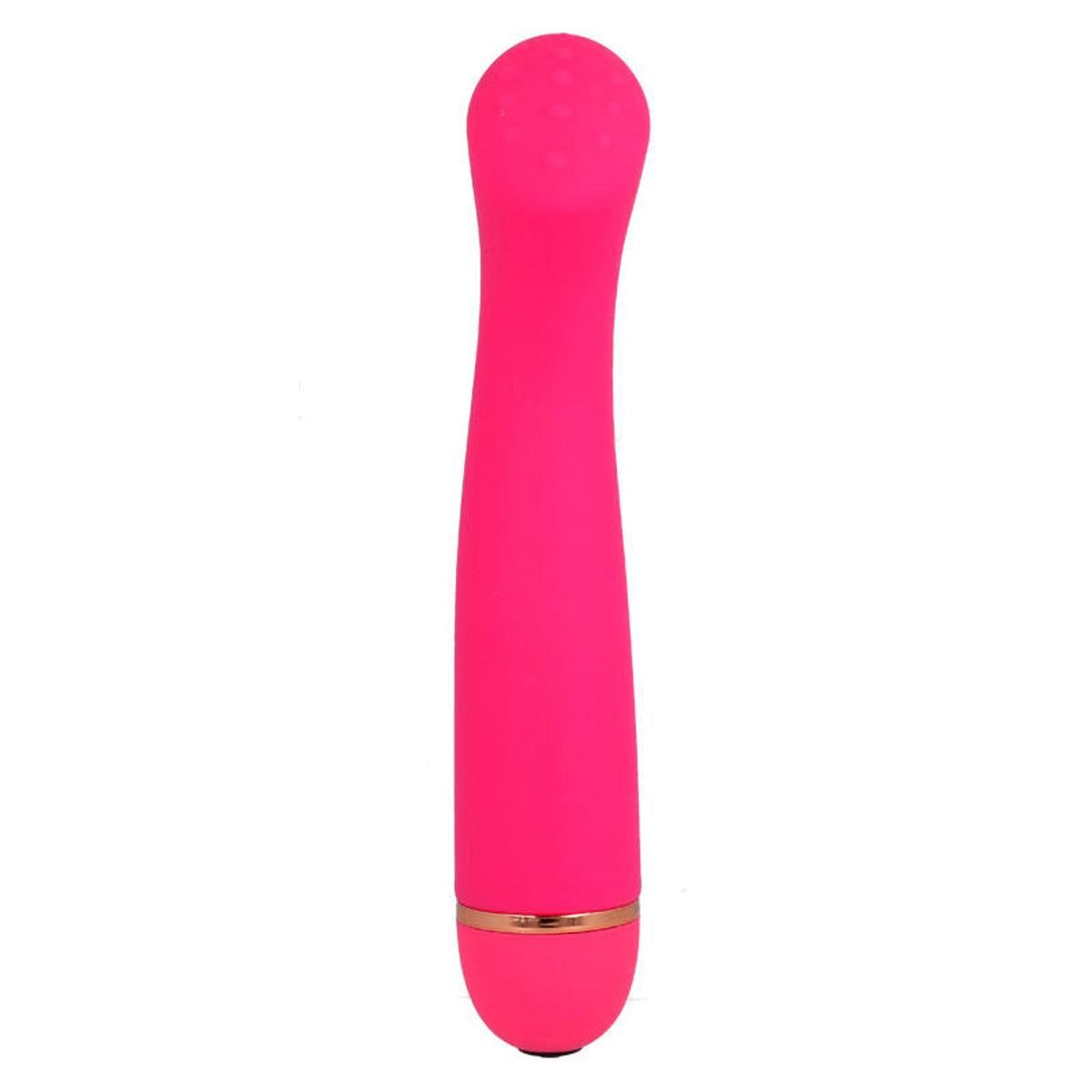 Pinkfarbener Vibrator mit abgerundeter Spitze und strukturiertem Kopf. Goldfarbener Ring am unteren Ende.