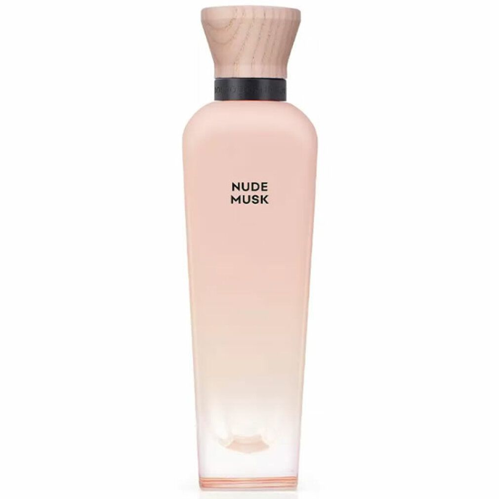 Parfümflasche mit Holzverschluss. Aufschrift: NUDE MUSK. Farbverlauf von rosa nach transparent.