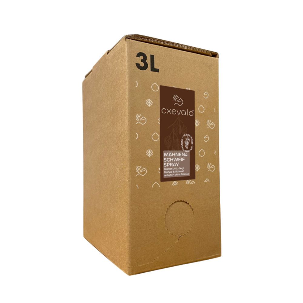 Karton mit Aufschrift 3L. Aufschrift: cxevalo, Mähnen- & Schweifspray.
