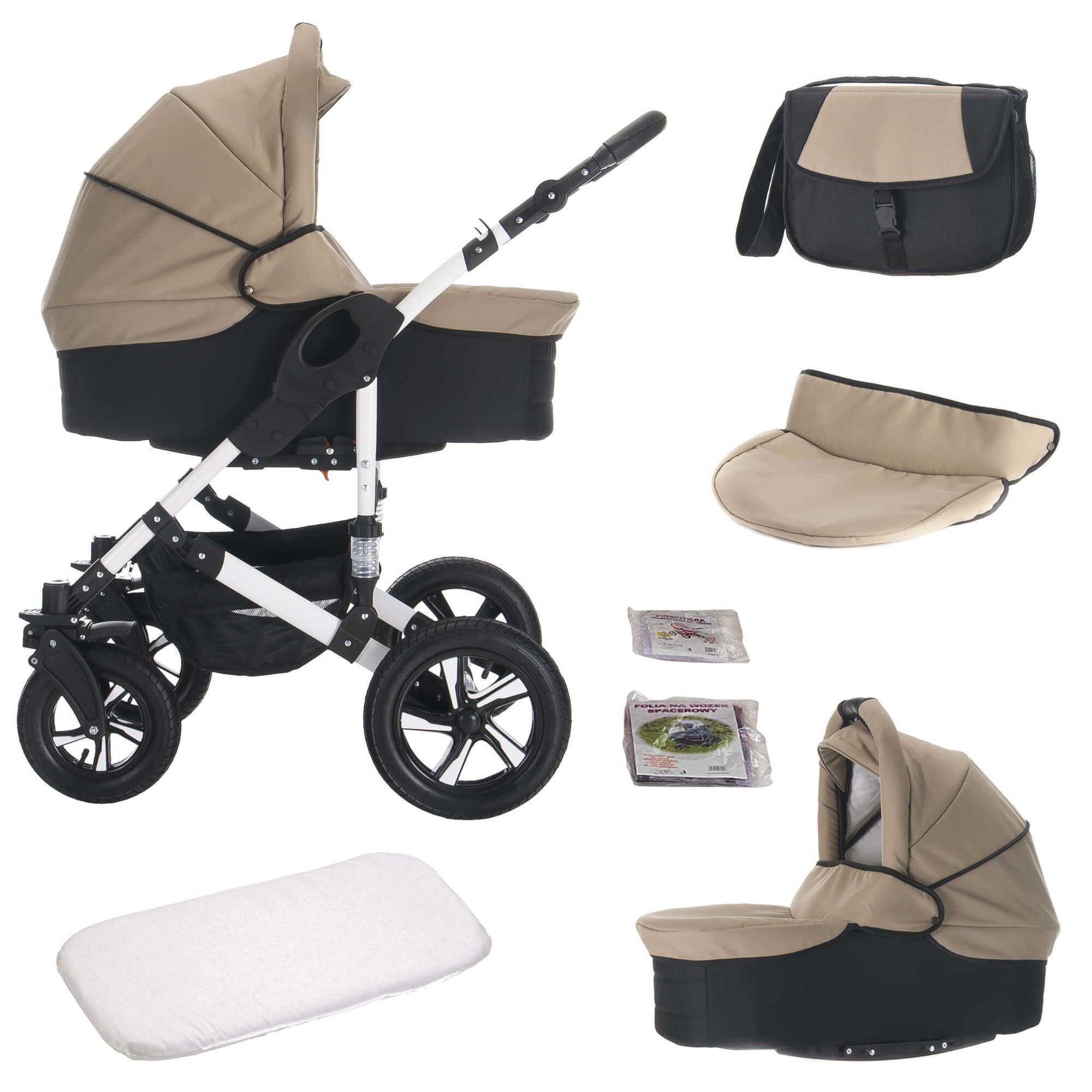 Kinderwagen-Set in Flotaupe mit Hartgummireifen. Enthält Babywanne, Zubehör und Wickeltasche. Schwarz-weißes Gestell.