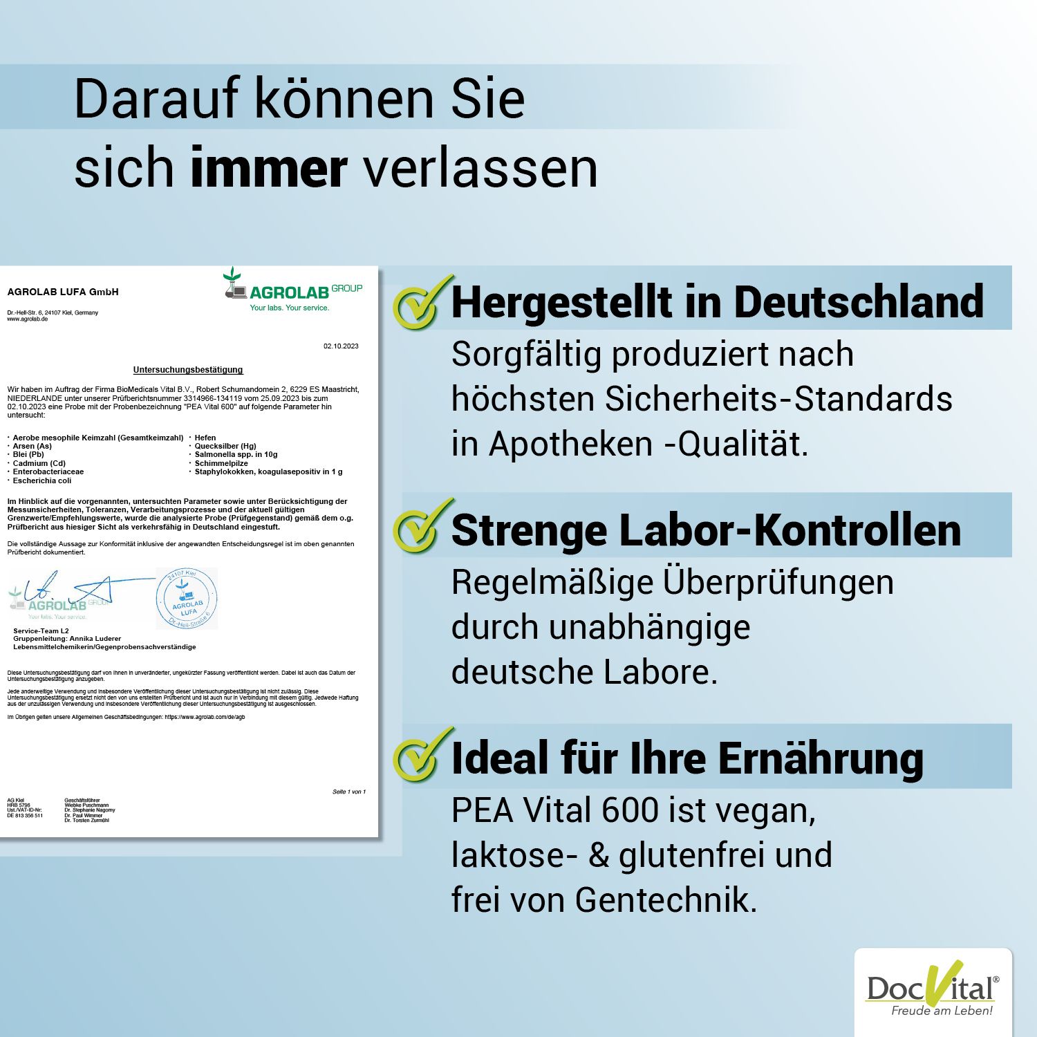 Qualitätssiegel für PEA Vital 600: Hergestellt in Deutschland, strenge Laborkontrollen, vegan, laktose- und glutenfrei.