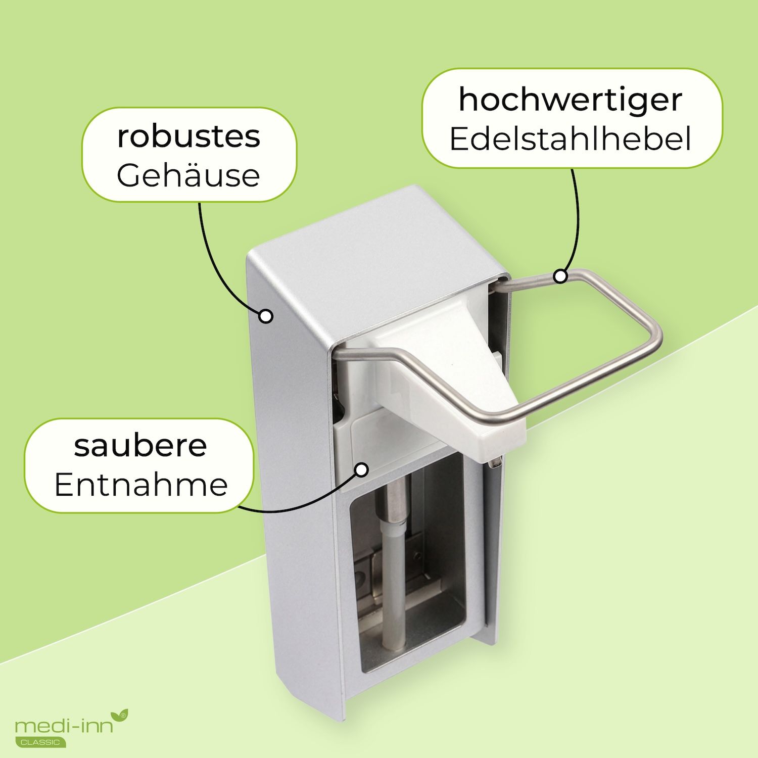 Medi-Inn Wandspender Aluminium, langer Armhebel, mit Verschlussblende, für 500 ml Euroflaschen