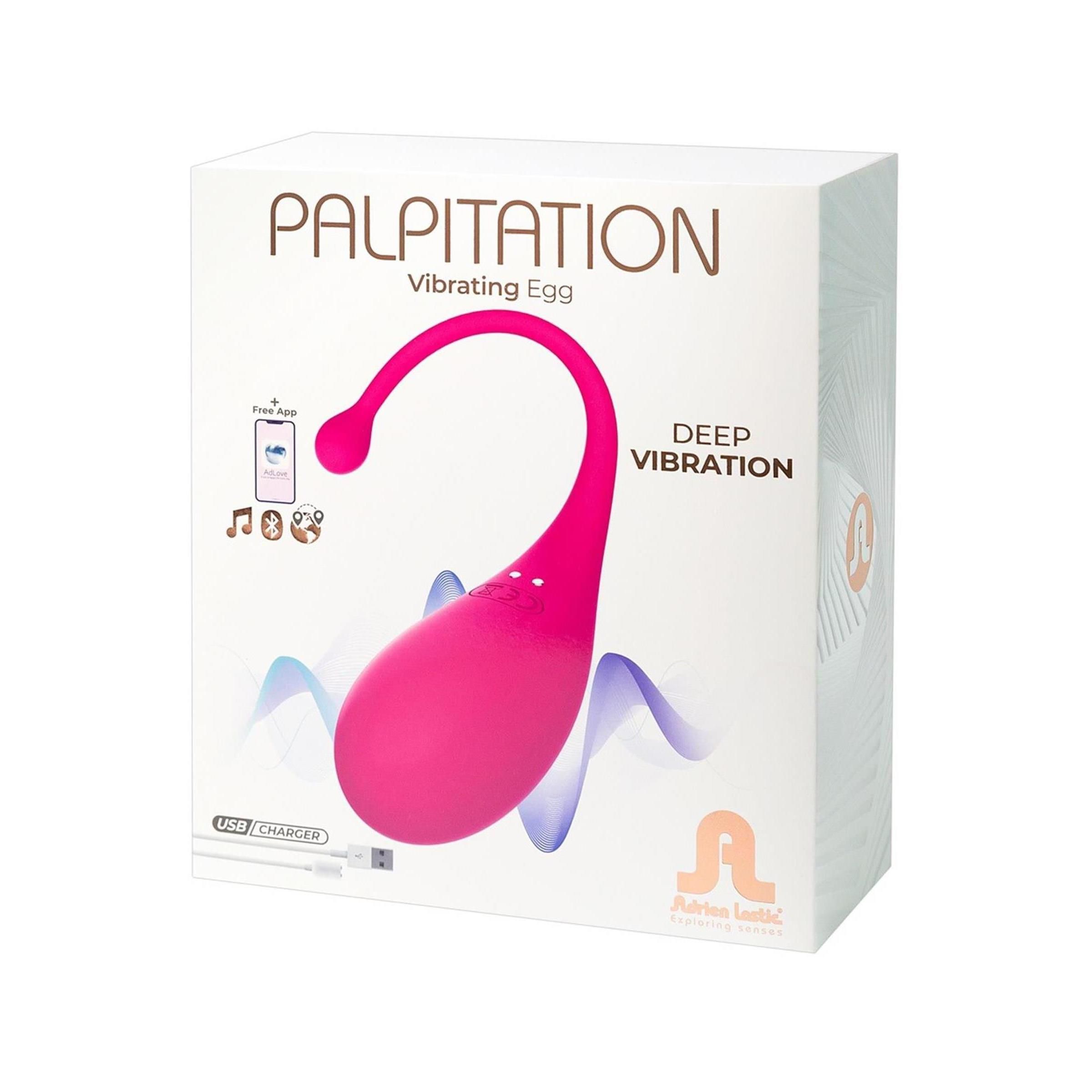 Verpackung von Adrien Lastic Palpitation. Rosa Ei mit langem Stiel, Text: Deep Vibration, USB-Anschluss.