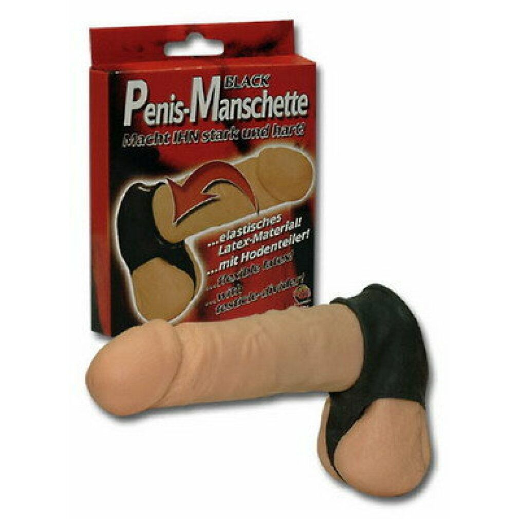 Produktverpackung mit Penis-Manschette. Text: Penis-Manschette, macht IHN stark und hart!