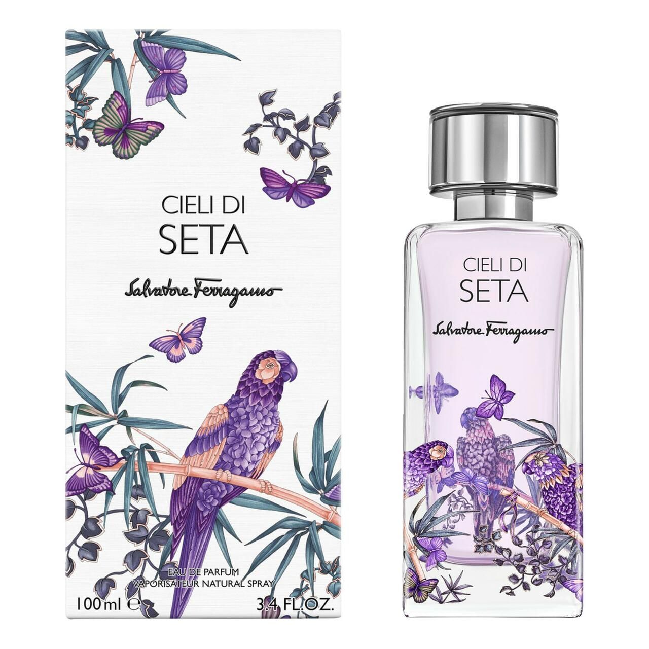 Flakon und Verpackung. Aufschrift Cieli di Seta, Salvatore Ferragamo. Illustration mit Vögeln und Schmetterlingen. 100ml.