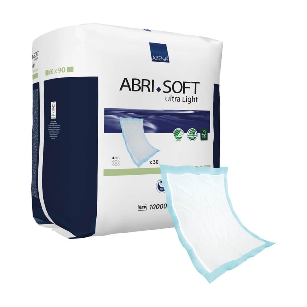 Abri-Soft Ultra Light Verpackung, 60 x 90 cm, mit einem Produkt daneben. Logo und Produktinformationen. 30 Stück.