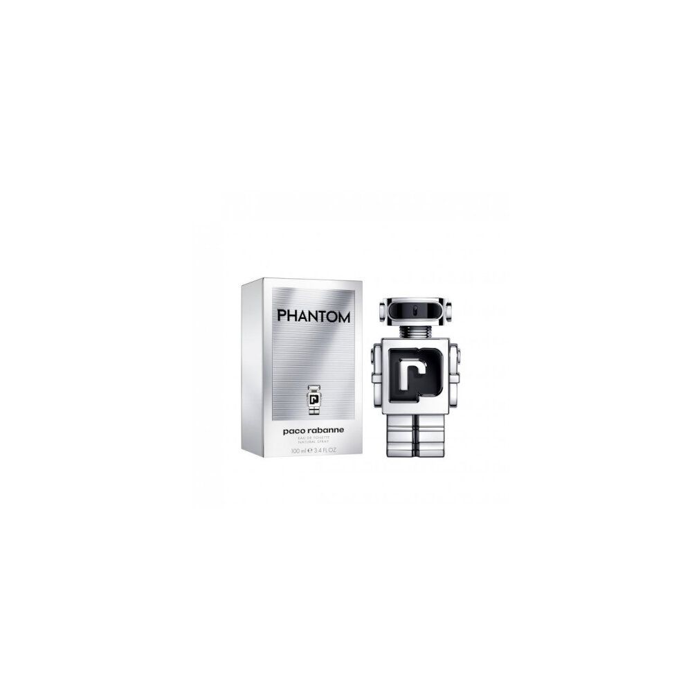 Paco Rabanne Phantom Eau de Toilette Spray. Silberner Roboterflakon und Verpackung. Schwarzes Logo auf dem Flakon.
