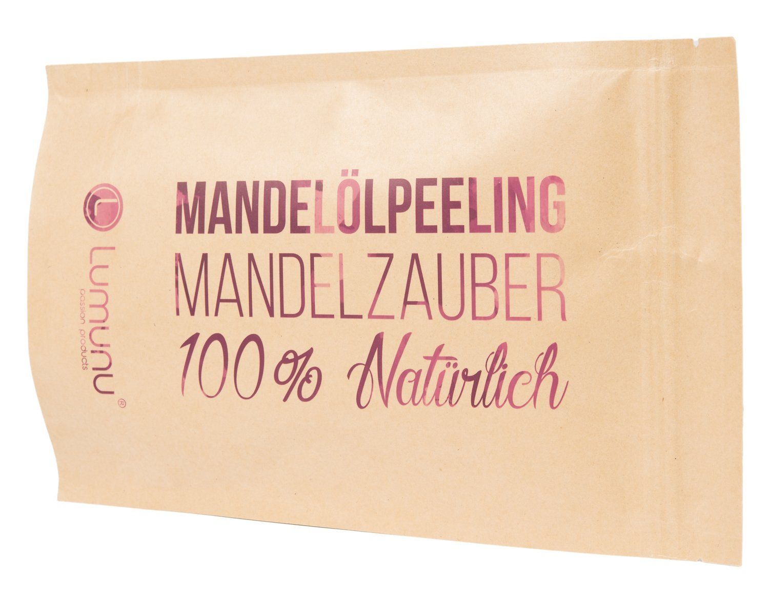 Beige Verpackung mit Aufschrift: MANDELÖLPEELING MANDELZAUBER 100% Natürlich. Logo Lumunu. Schrägansicht.