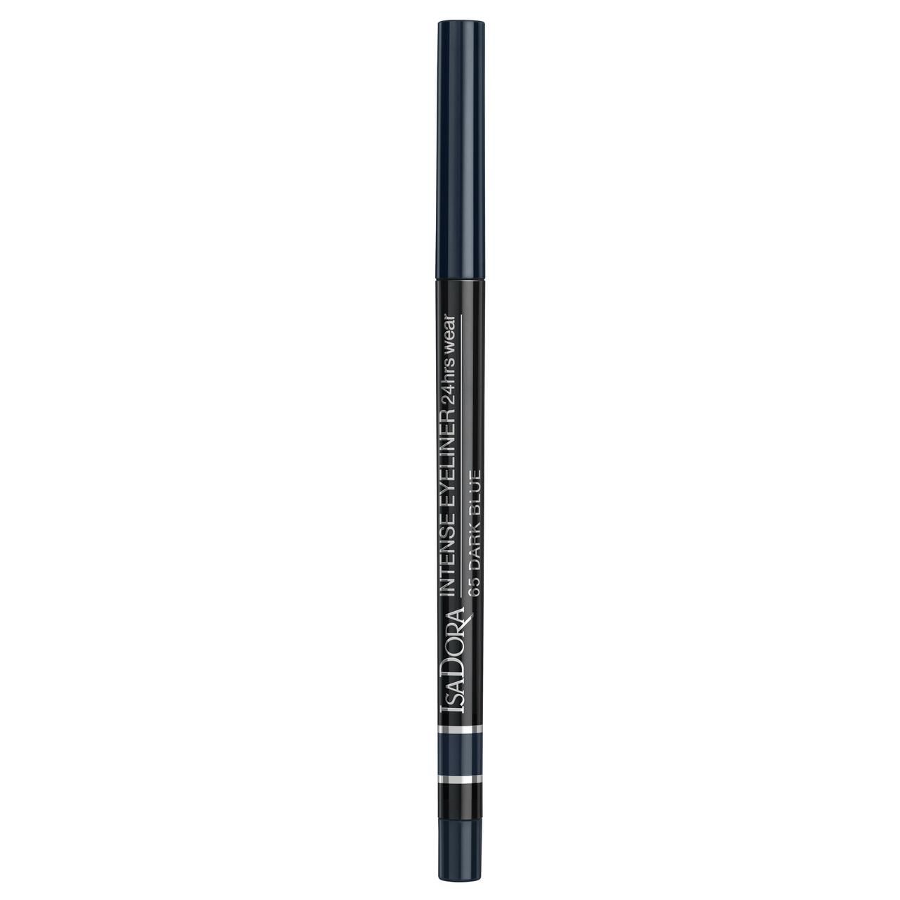 IsaDora Intense Eyeliner. Dunkelblauer Stift mit schwarzer Spitze. Produktname und Details sind auf dem Stift aufgedruckt.