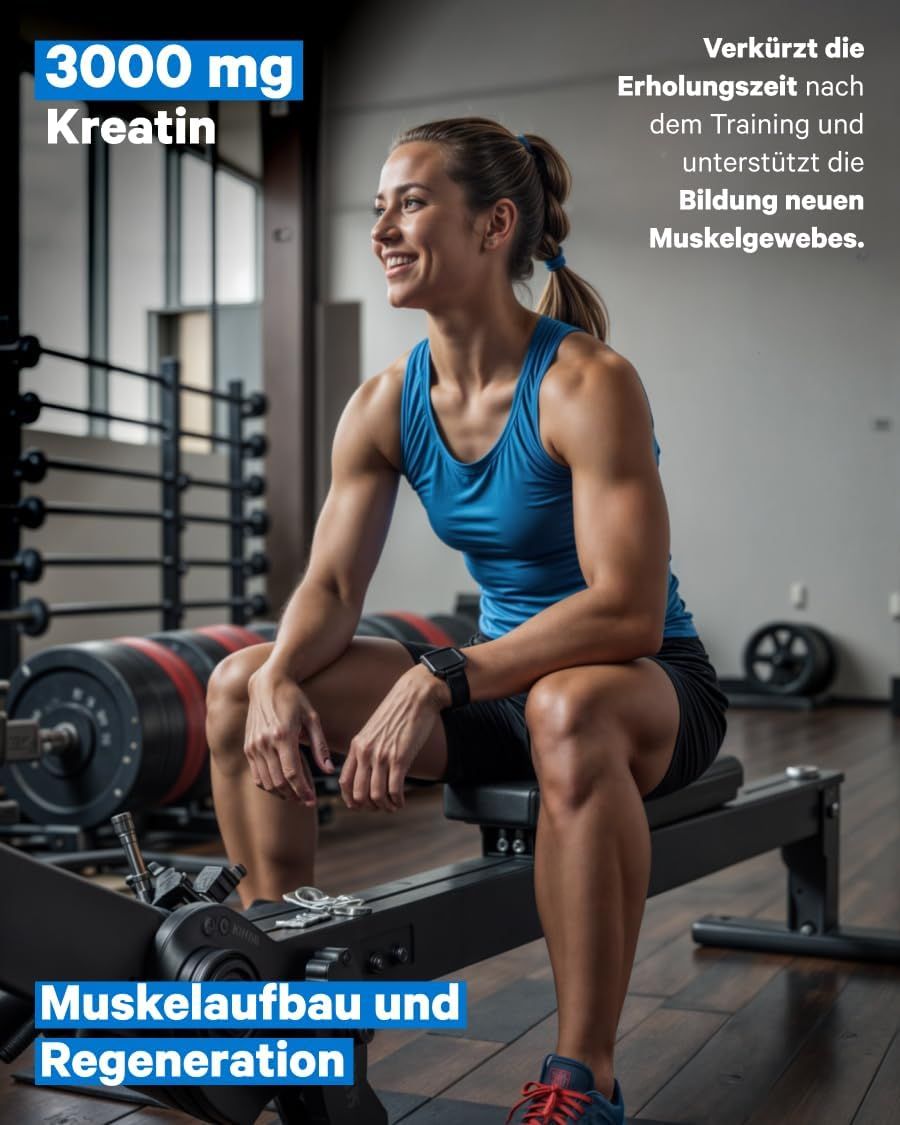 Frau sitzt auf einem Rudergerät im Fitnessstudio, 3000 mg Kreatin für Muskelaufbau und Regeneration.