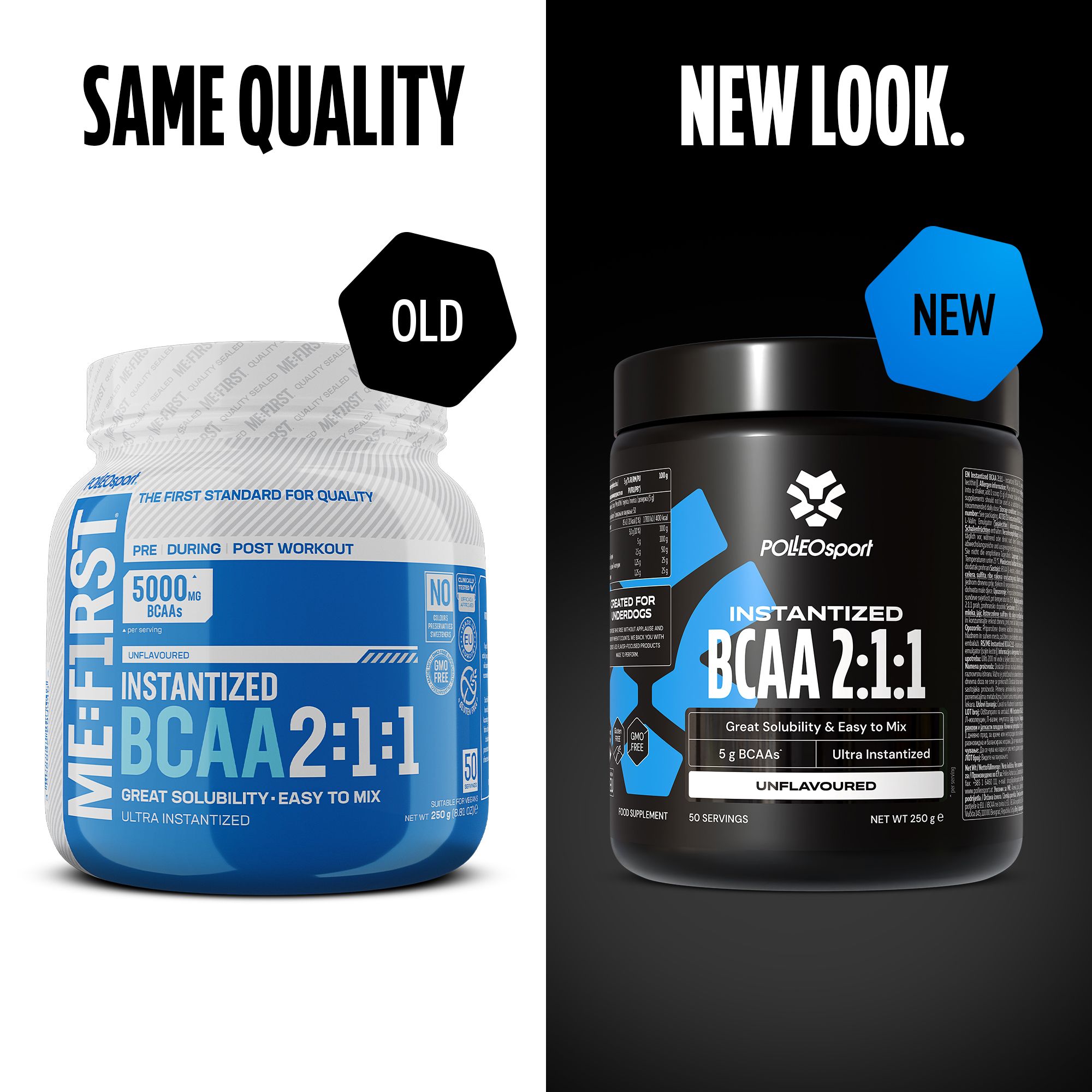 Vergleich von alter und neuer Dose. Links: blaue Dose mit weißem Deckel. Rechts: schwarze Dose. Aufschrift: Instantized BCAA 2:1:1.