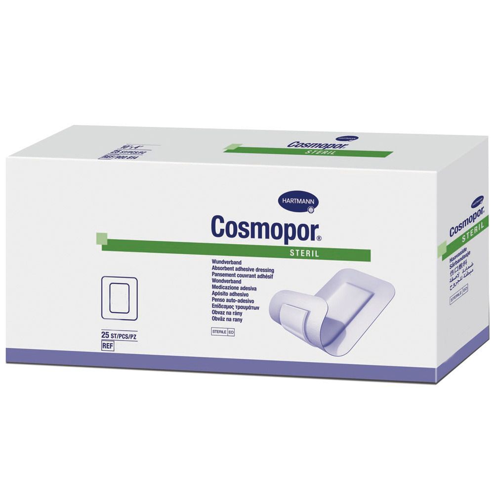 Verpackung von Cosmopor steril Wundverband. Box mit 25 Stück. Aufdrucke: Hartmann, steril, 10x10 cm.