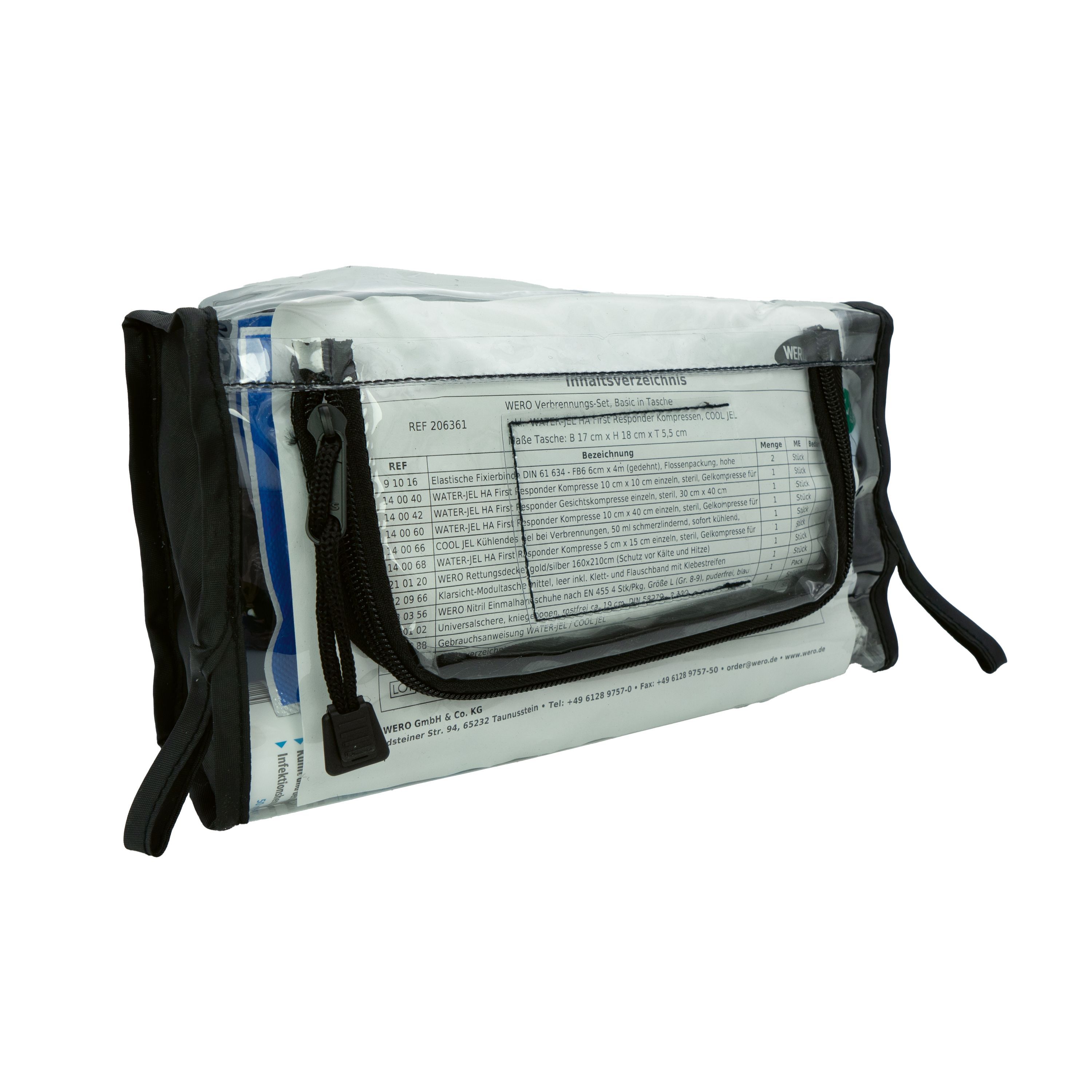 WERO Verbrennungs-Set Basic in der Tasche. Schwarze Tasche, teilweise transparent. Reißverschluss, Trageschlaufe. Enthält Dokumente.