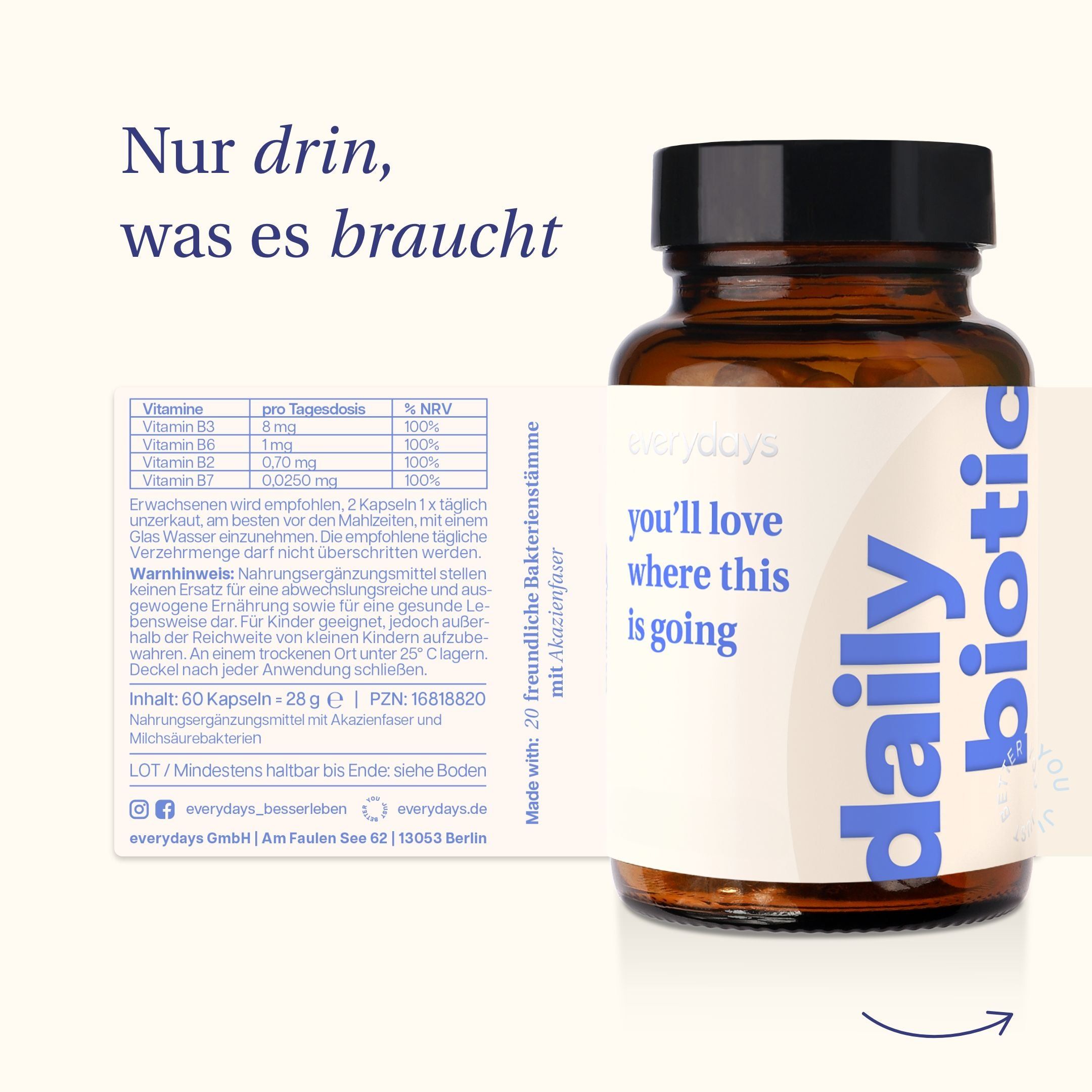 Braune Glasflasche mit schwarzen Deckel. Aufkleber mit Produktinformationen. Aufschrift: daily biotic.