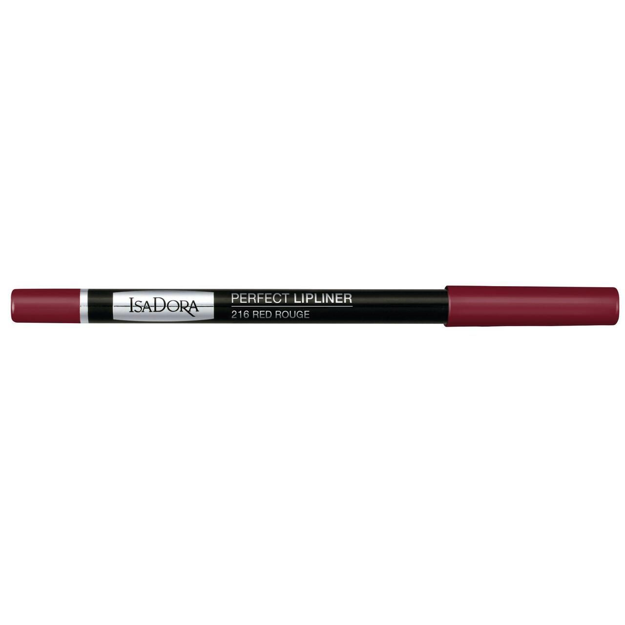 IsaDora Perfect Lipliner, rot. Schwarzer Stift mit roter Spitze und Kappe. Aufschrift: Perfect Lipliner 216 Red Rouge.