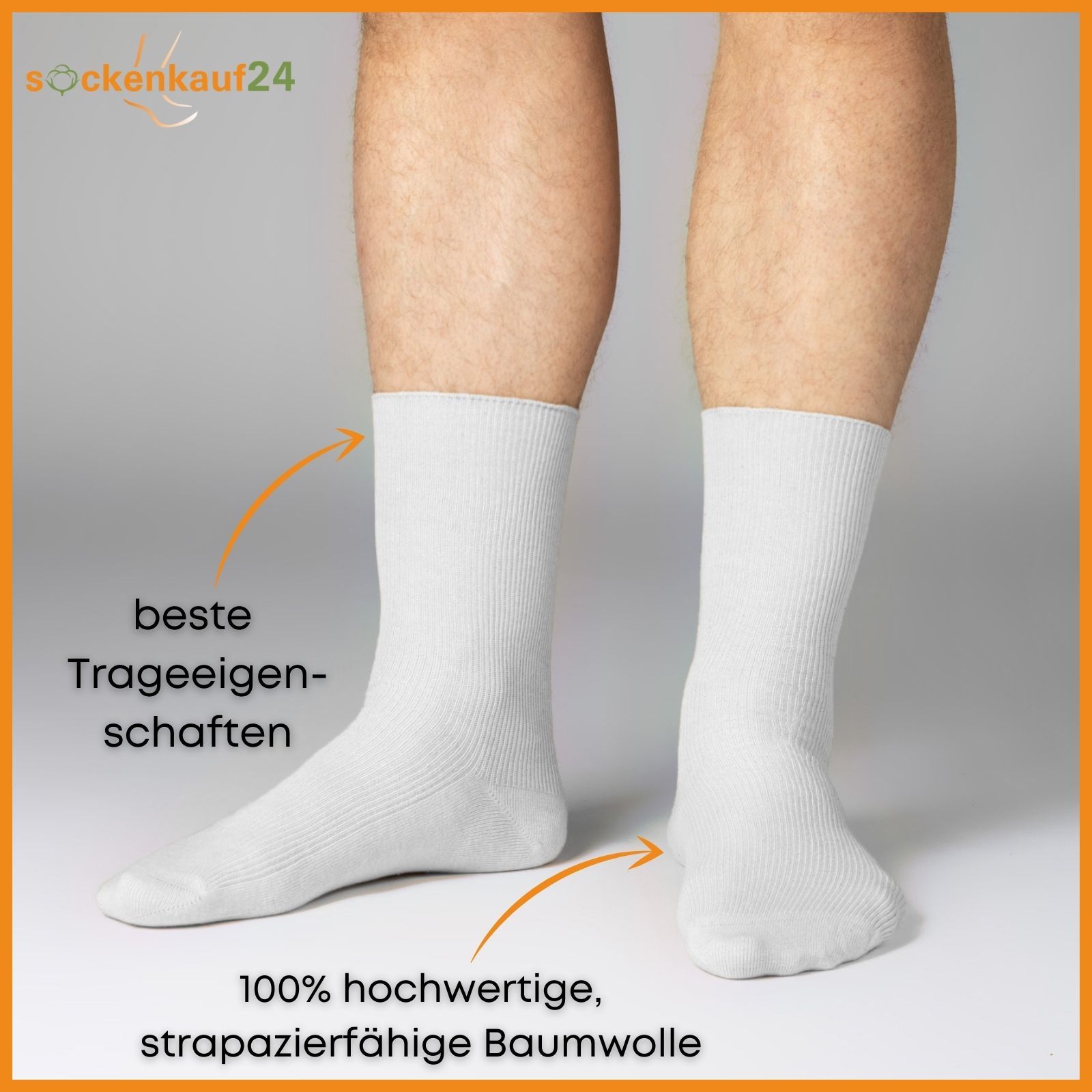 Weiße Socken an Füßen. Text: beste Trageeigenschaften, 100% hochwertige, strapazierfähige Baumwolle. Text: sockenkauf24.
