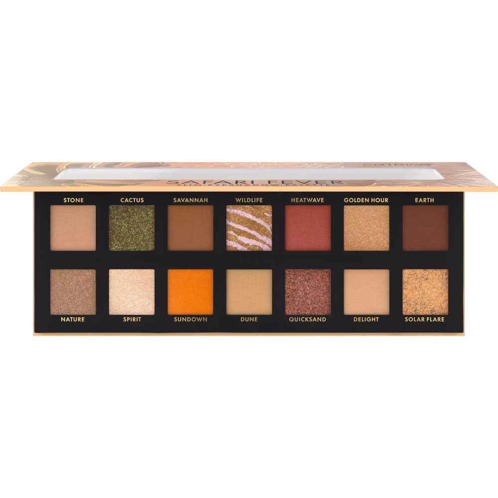 Lidschattenpalette mit 16 Farbtönen. Farben: Beige, Grün, Braun, Orange, Rot, Gold und Braun. Schwarzer Rahmen mit Produktnamen.