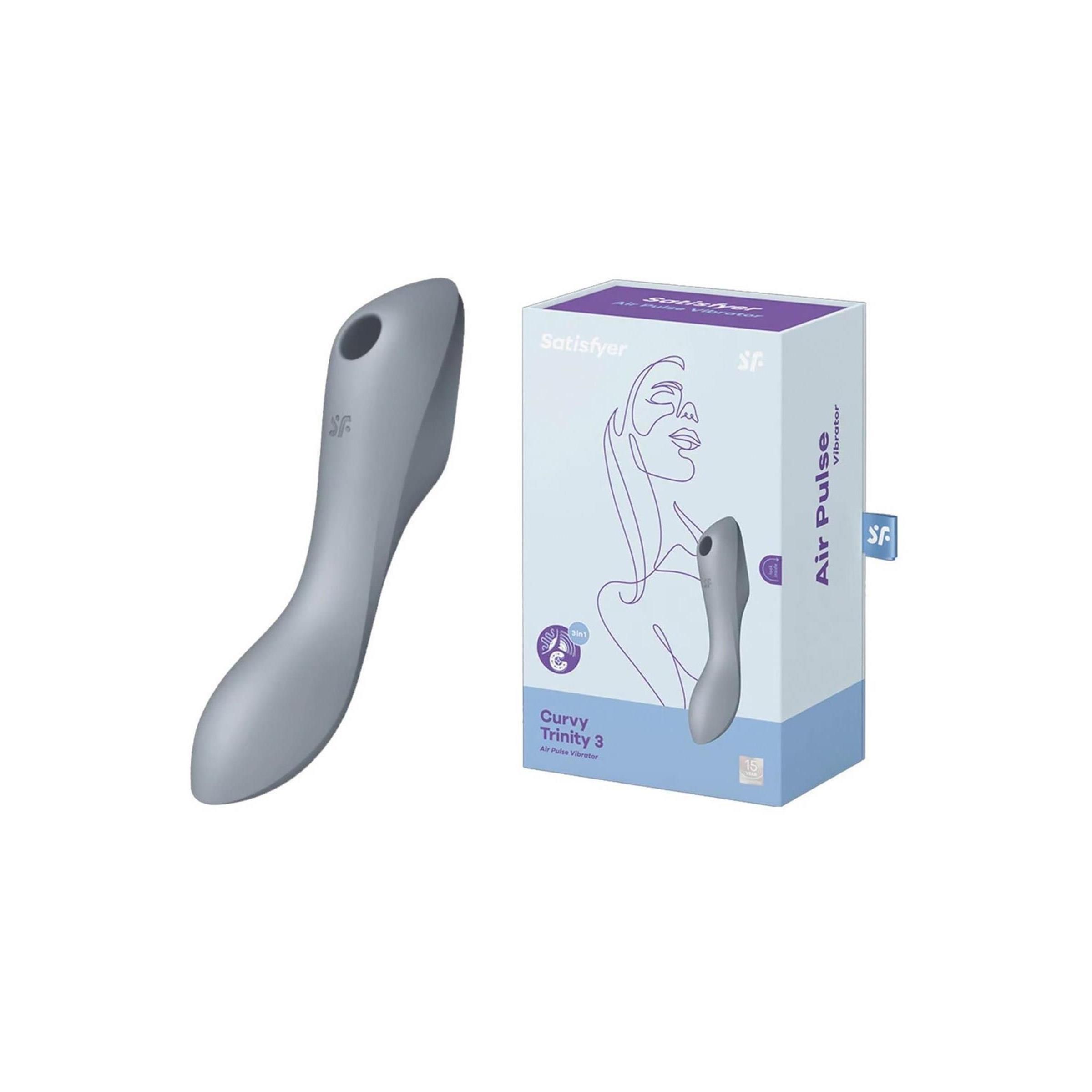 Grauer Satisfyer Curvy Trinity 3 neben Verpackung. Verpackung mit Produktabbildung und Schriftzug Air Pulse. SF-Logo.
