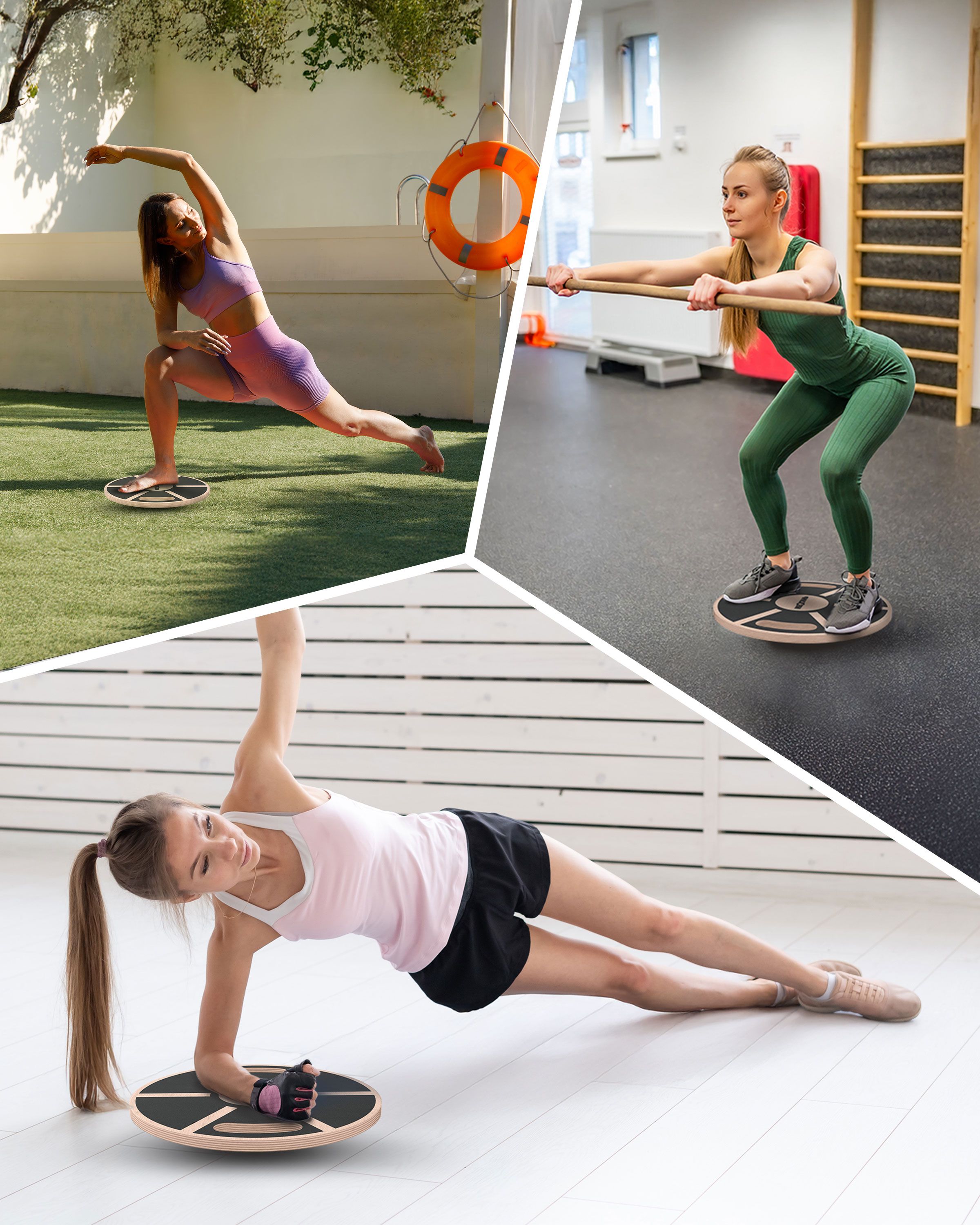 Drei Frauen trainieren mit Balance Pads. Verschiedene Übungen. In Fitnessstudio und im Freien.