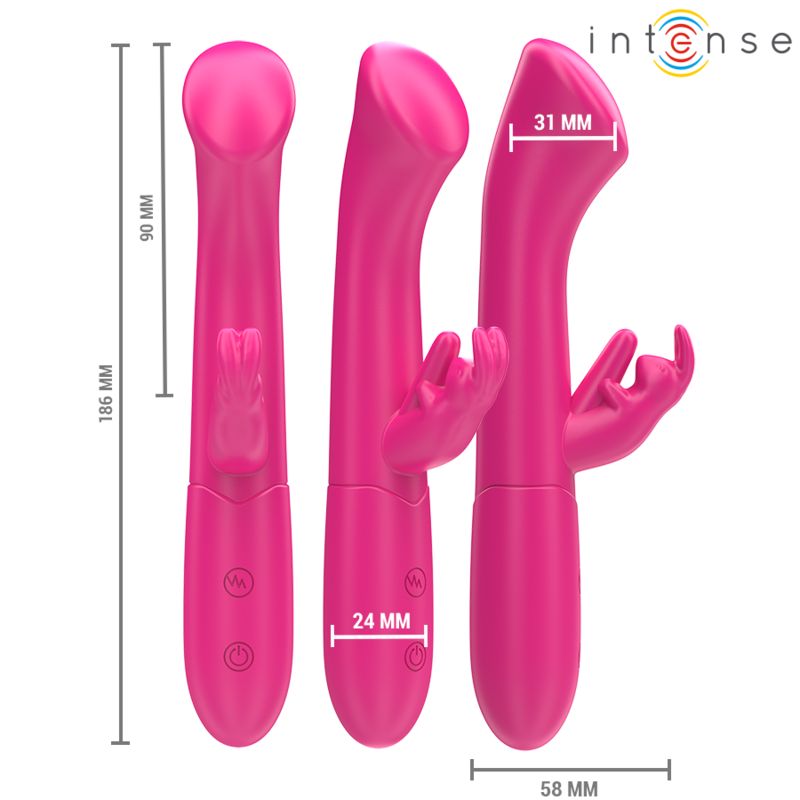 Drei Ansichten eines pinkfarbenen Vibrators. Maße: 186 mm lang, 58 mm breit, 90 mm hoch, 24 mm und 31 mm breit.
