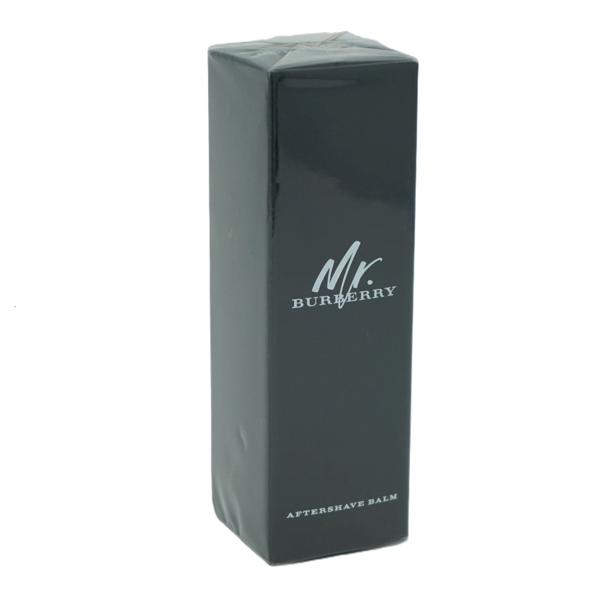 Schwarzer rechteckiger Karton mit "Mr. Burberry"-Logo und "Aftershave Balm"-Schriftzug. Verpackt in Folie.